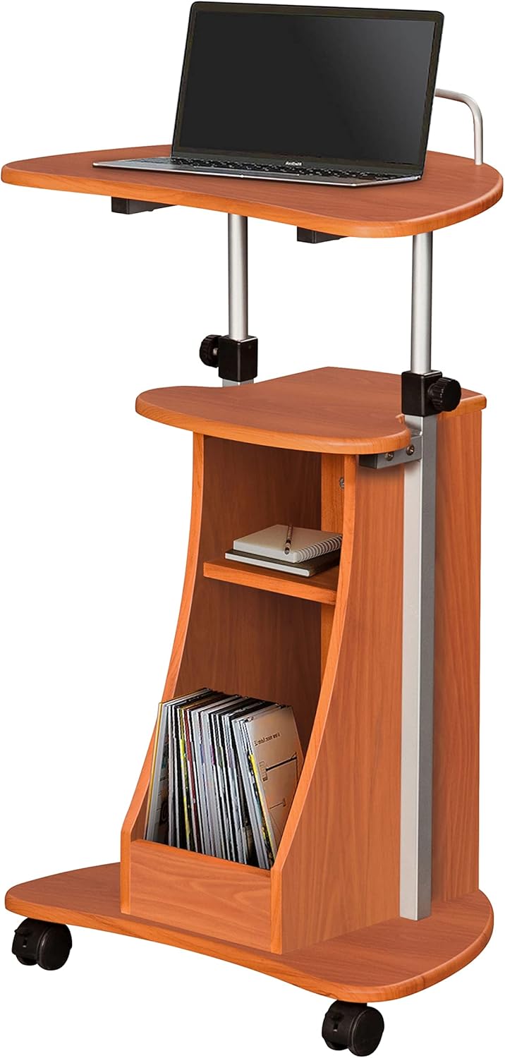 Adjustable Height Laptop Cart With Storage. Color: Woodgrain