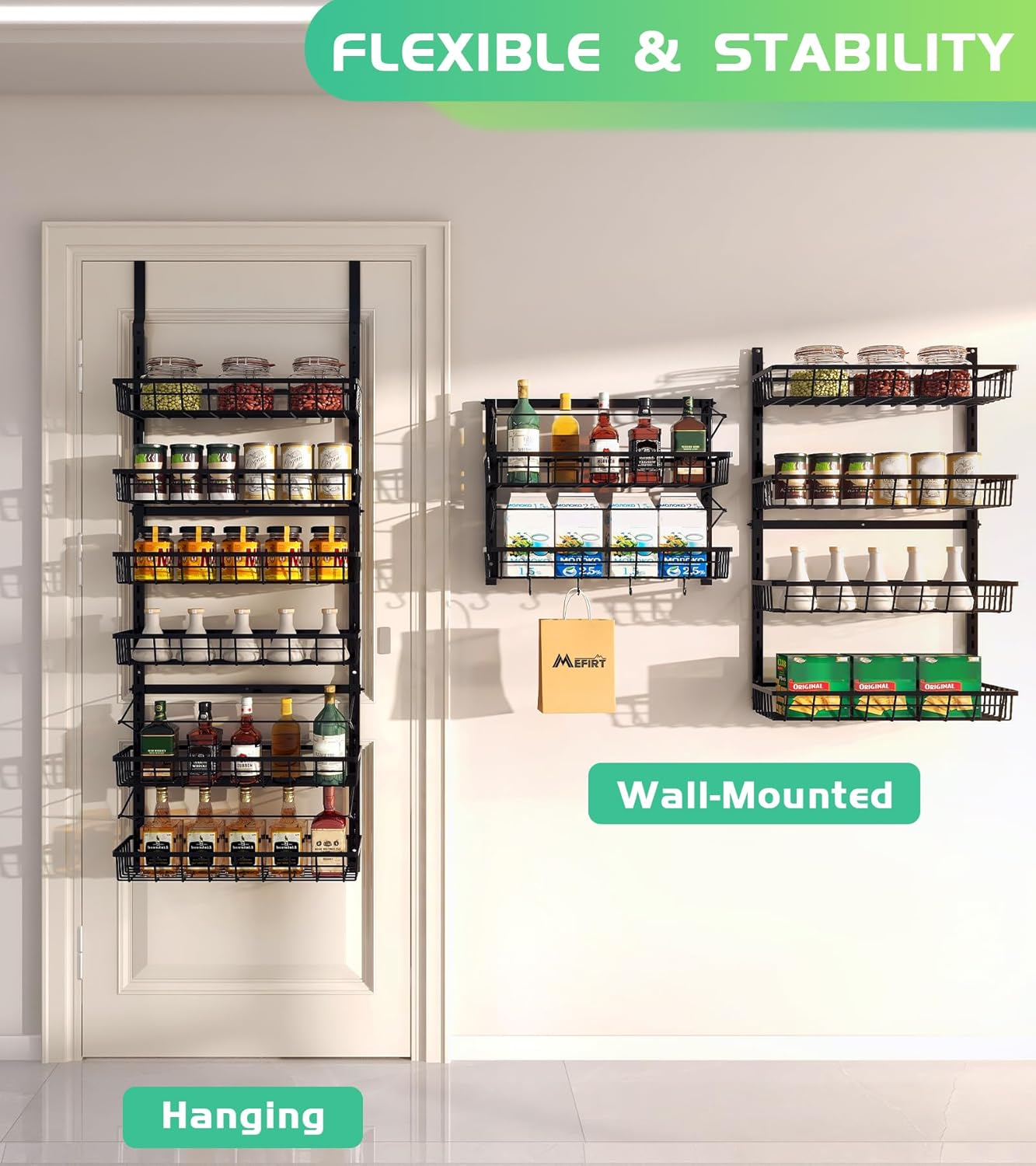 Mefirt Over The Door Pantry Organizer, Pantry Storage and Organization, 6-Tier Adjustable Hanging Baskets, Metal Wall Mount Spice Rack Seasoning Shelves for Home & Kitchen, Laundry Bathroom - Black