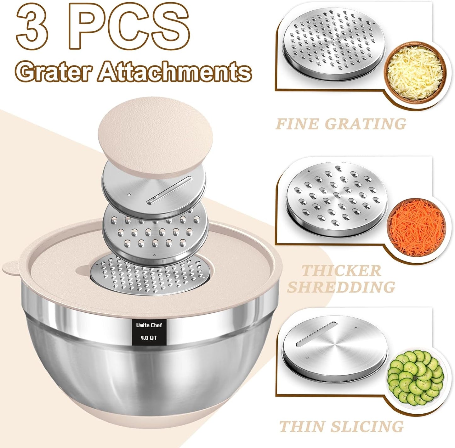 Umite Chef Mixing Bowls with Airtight Lids Set, 8PCS Stainless Steel Nesting Bowls with Grater Attachments, Non-Slip Bottoms, 5, 4, 3.5, 2, 1.5QT for Mixing & Serving