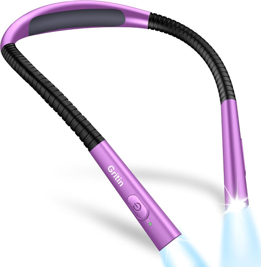 Gritin Book Light, Eye Caring 4-Color & 5-Brightness Neck Light Reading Light- Stepless Dimming,30-min Timer,80+ Hrs Runtime,Bendable Round Neck Design, Lightweight for Reading-Dark Purple
