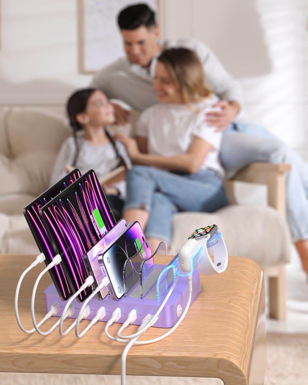 SooPii Premium 6-Port USB Charging Station Organizer for Multiple Devices | Included 6 Short Charging Cables and One Upgraded i-Watch Charger Holder for Phones,Tablets and Other Electronics, Purple