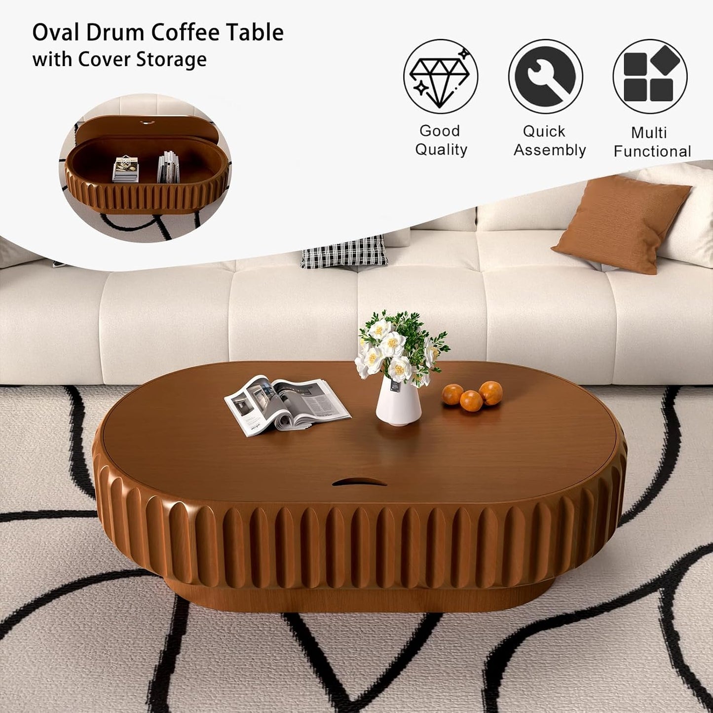 43.3 Inch Oval Drum Coffee Table with Storage (A Brown 43.3 in) | Handcraft Fluted Modern Wooden Cocktail Table, Sturdy Pedestal, Oval Center Table for Living Room, Apartment Organization