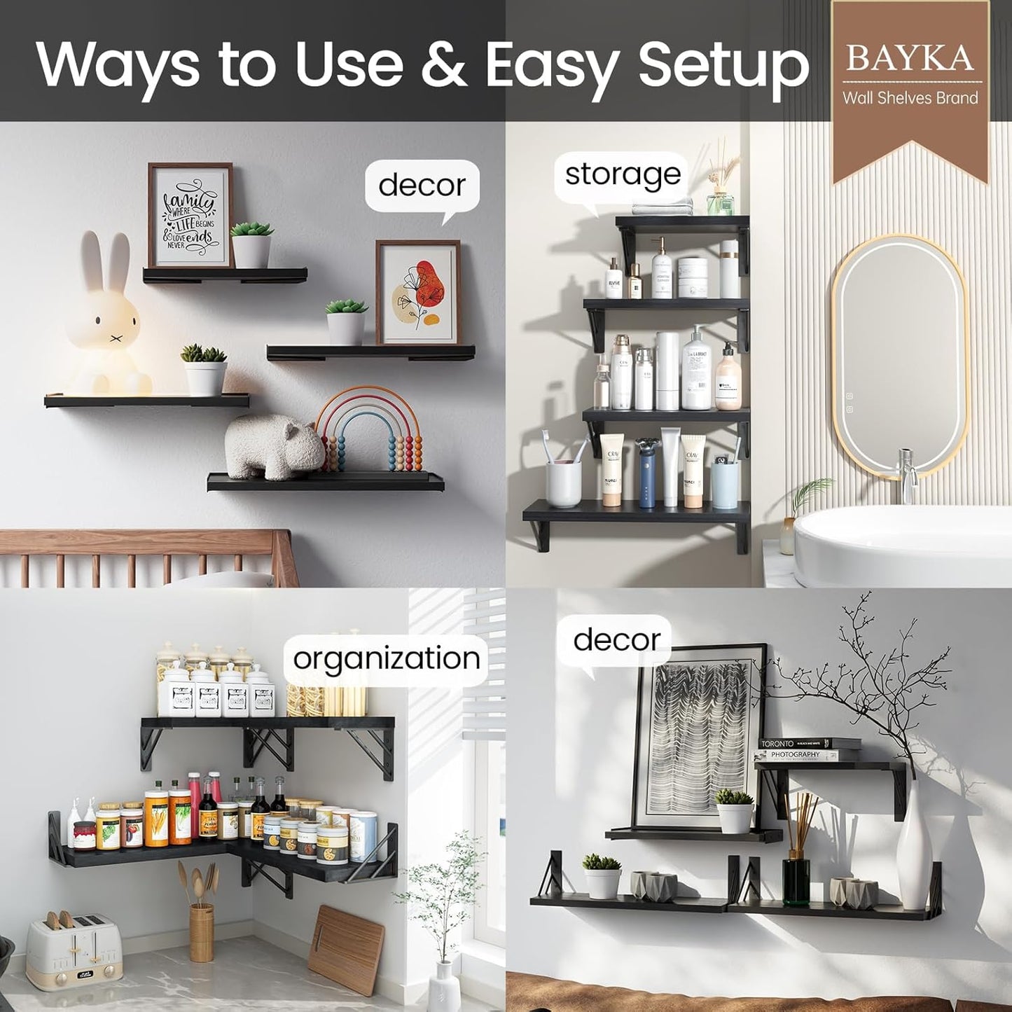 BAYKA Wall Mounted Floating Bathroom Shelves, Wood Wall Shelf for Bathroom Essentials & Decor, Space-Saving Display & Organizer (Black, Set of 4)