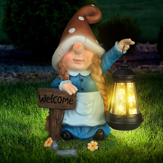 12.4” Solar Gnome Garden Statue with LED Lantern Welcome Sign Blue