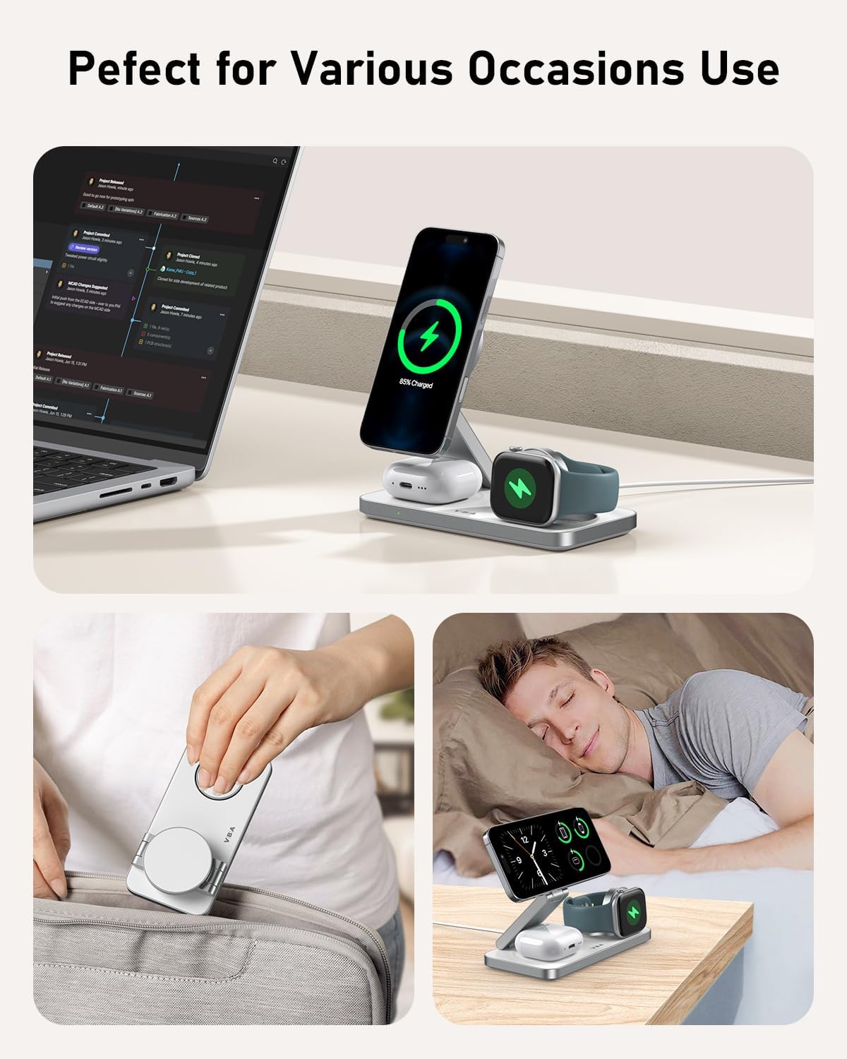 VBA 3 in 1 Wireless Charging Station for Apple MagSafe Charger,Foldable Fast Charging Magnetic Wireless Charger Stand,Travel Charger for iPhone 17 Air 16 15 14 13 12,Apple Watch,AirPods Pro(White)