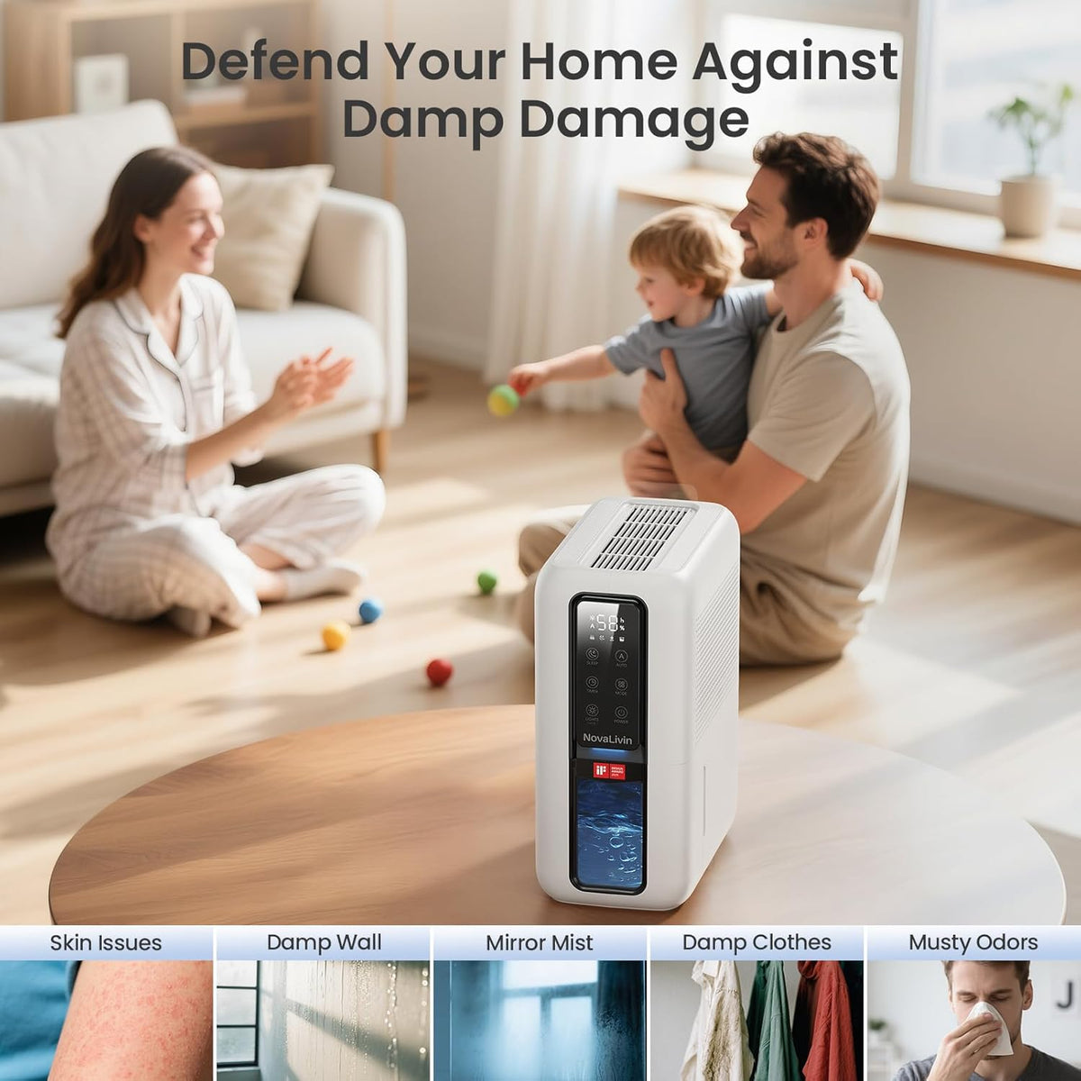 Dehumidifier for Home, Dehumidifiers for Bathroom, Bedroom, Living room, Closet with 68 OZ Water Tank, Moisture Absorbers, Auto Shut Off, Auto Humidity Control, 7 Colors LED Light, White