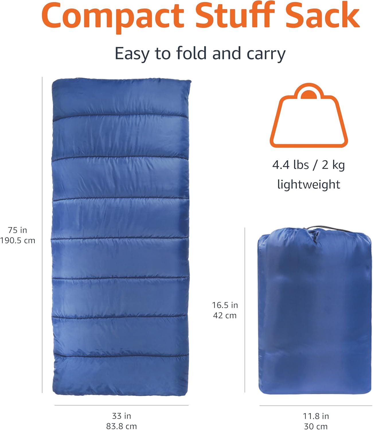 Amazon Basics 30°F Cool Weather Sleeping Bag for Adults, Warm and Comfortable, Compact Lightweight, 75" x 33", Blue