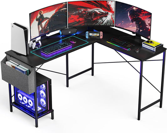 L Shaped Desk - 50" Reversible Home Office Computer Desk, Wood Top, Metal Frame, Side Bag, Sturdy Gaming Desk Corner Table for Work, Writing and Study, Space-Saving