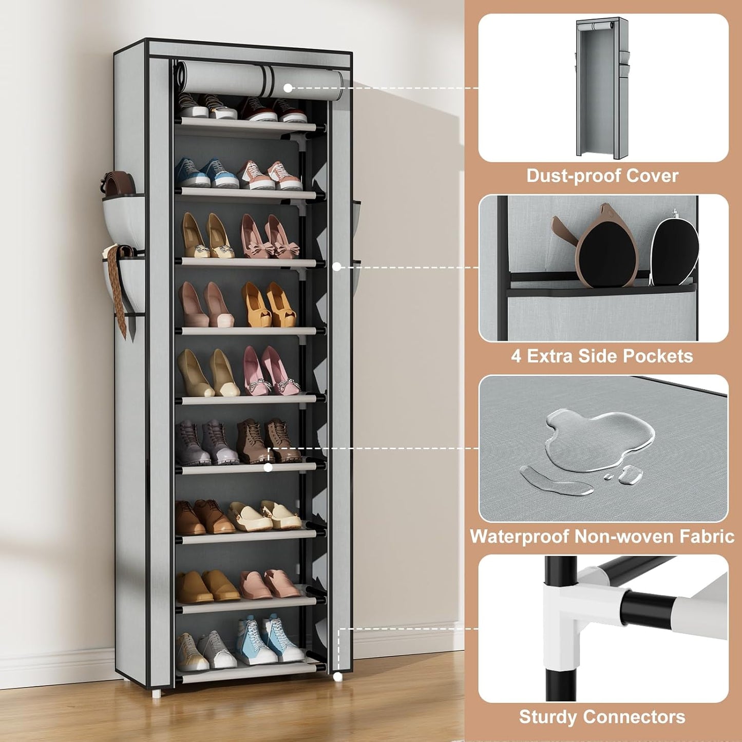 VILICK Shoe Rack with Cover Narrow Shoe Rack Organizer with 4 Side Pockets 10 Tier Tall Shoe Storage Shoe Shelf Holds 18-22 Pairs Shoes and Boots Shoe Rack for Closet, Grey