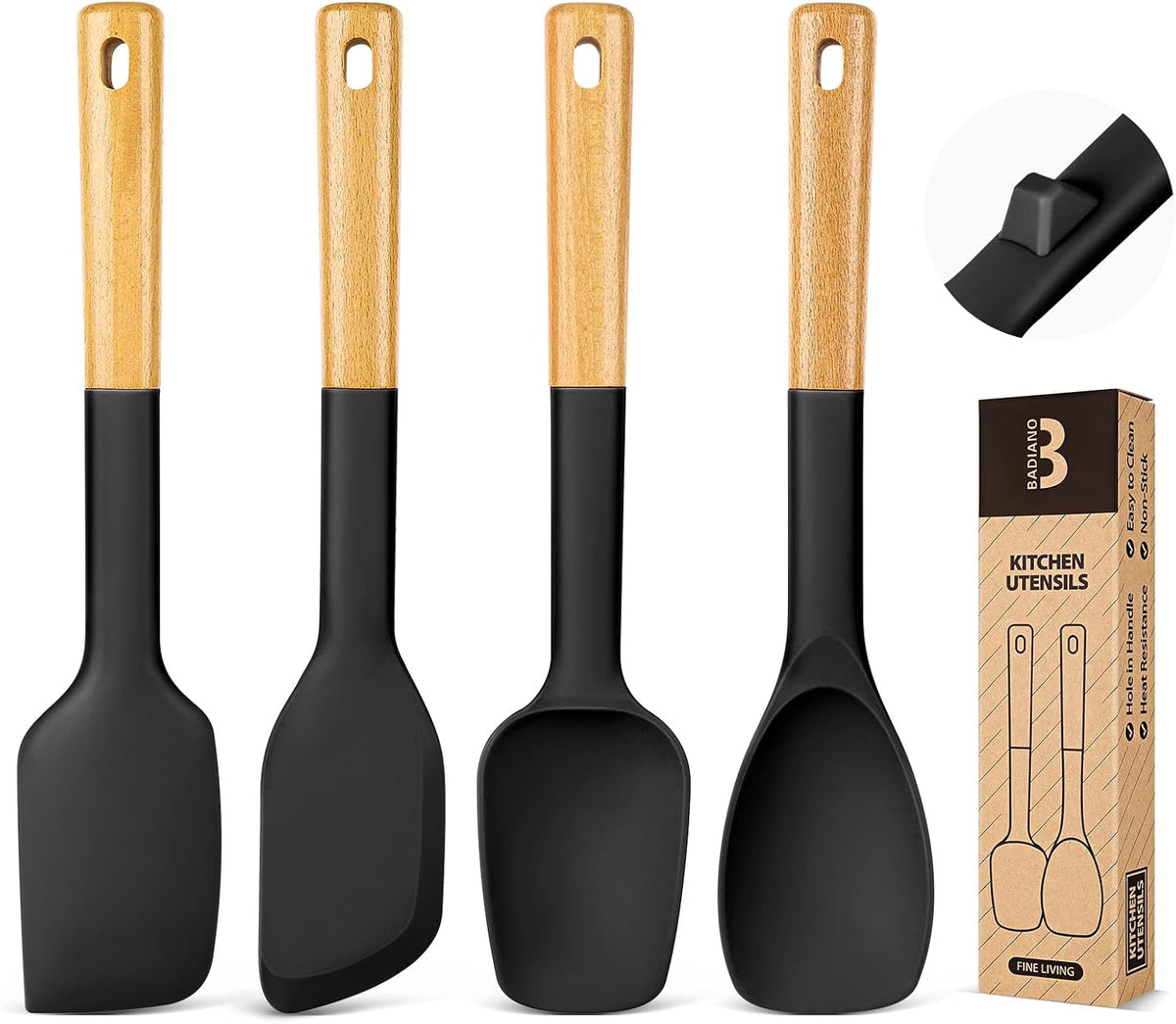 Badiano Silicone Spatula Spoon Set for Nonstick Cookwares, 4 Pack, BLACK
