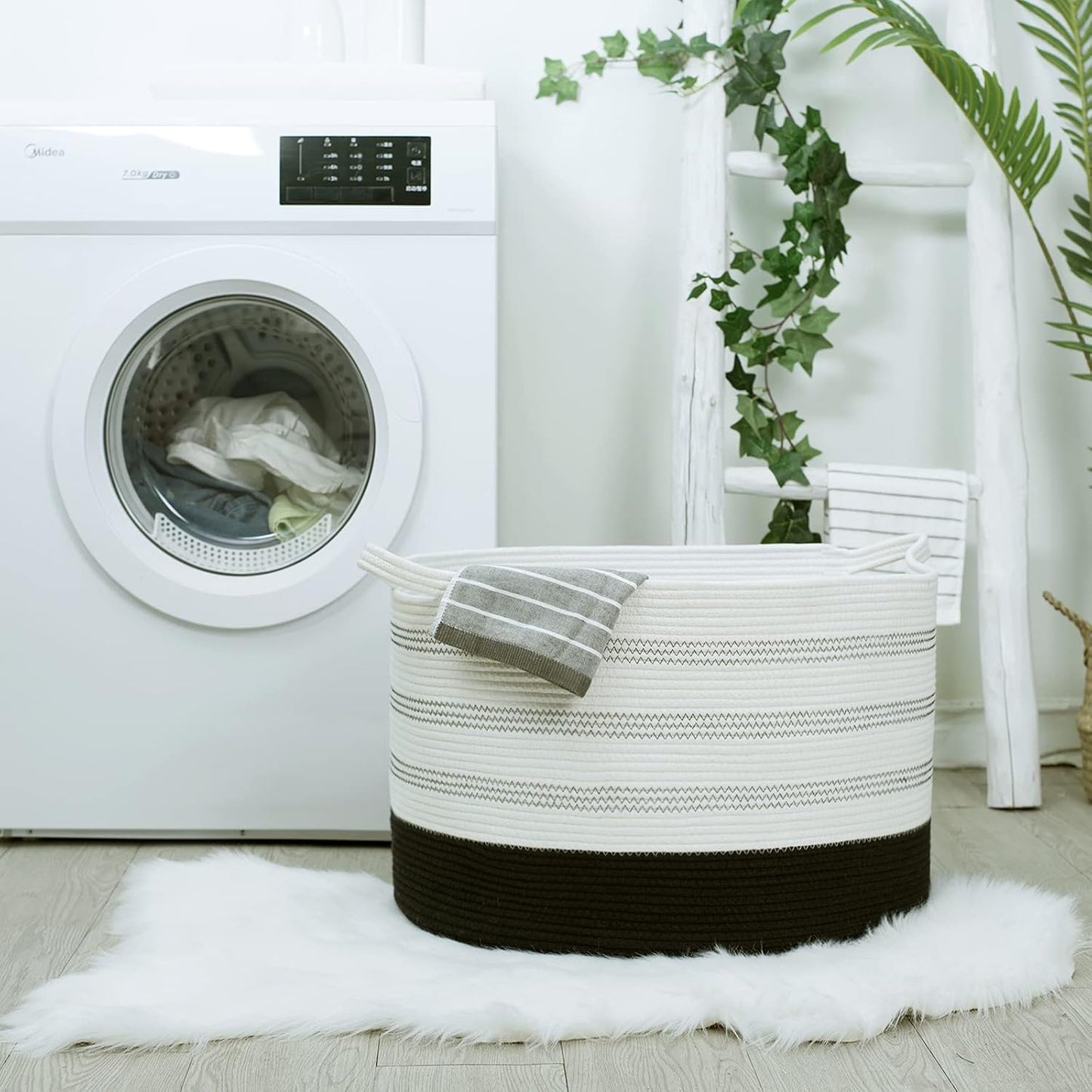 R RUNKA XXXLarge Cotton Rope Basket 22" X 22"X 14" Blanket Basket for Living Room Woven Basket Soft Baby Laundry Blanket Basket Nursery Bin Toy Basket with Handle White+Black