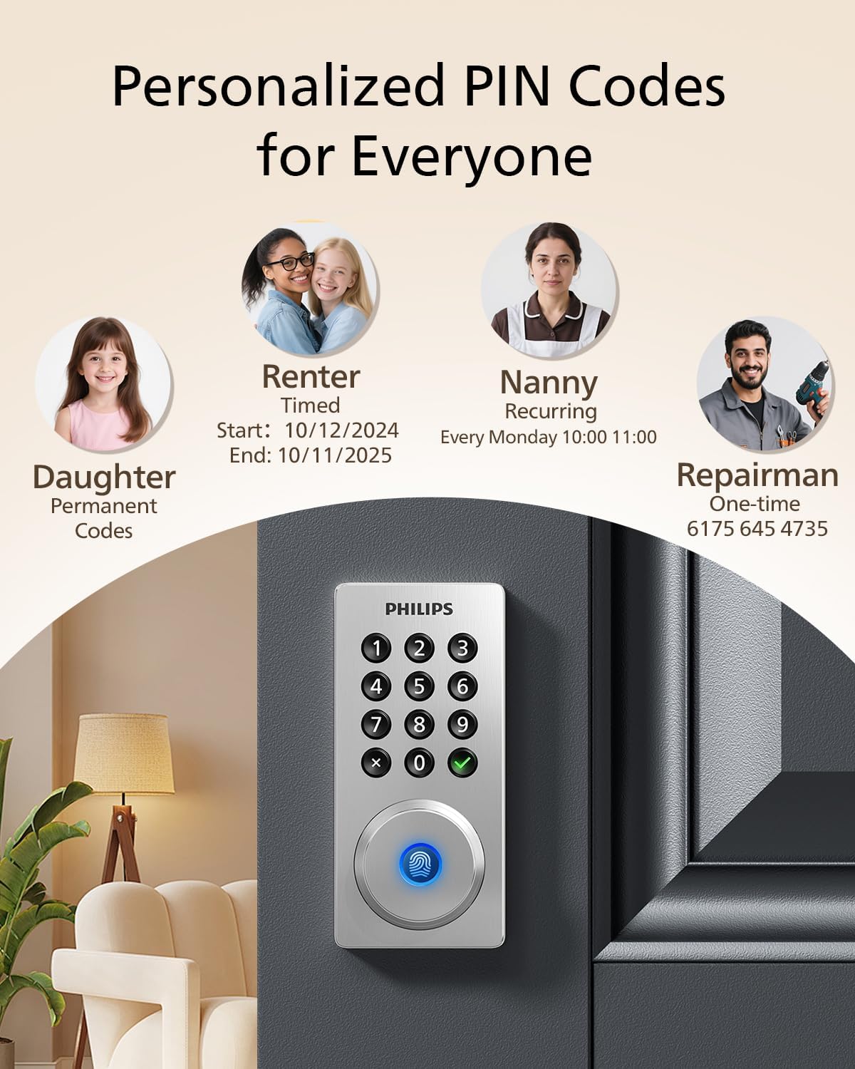 Philips Wi-Fi Door Lock, WiFi Smart Lock Keyless Entry Deadbolt for Front Door, Remote Control, Built-in WiFi, APP Fingerprint Passcode Unlock, Auto Locking