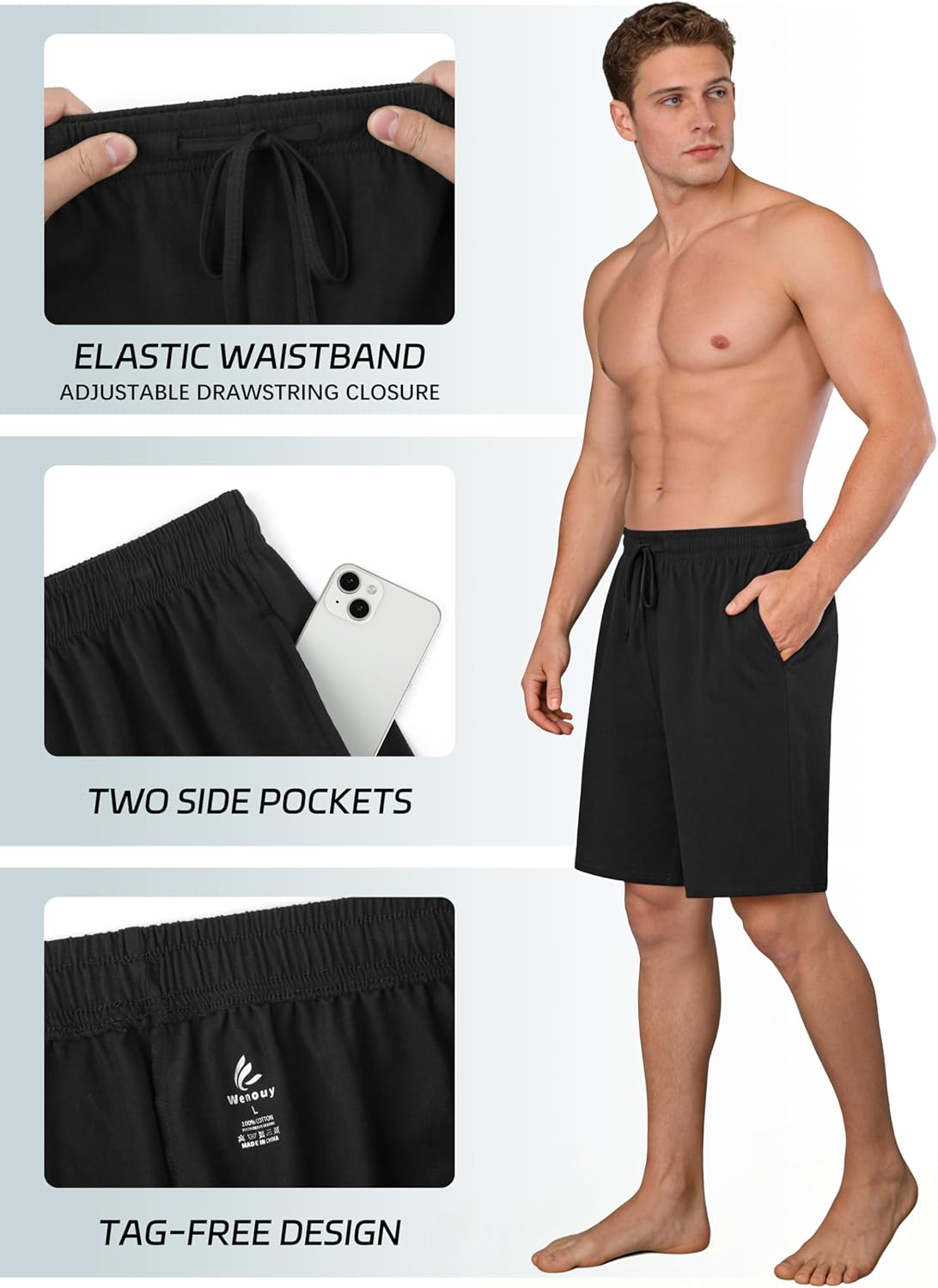 3 Pack Mens Cotton Pajama Shorts Soft Comfortable Lounge Shorts with Drawstring & Two Pockets Sleep Bottoms for Men