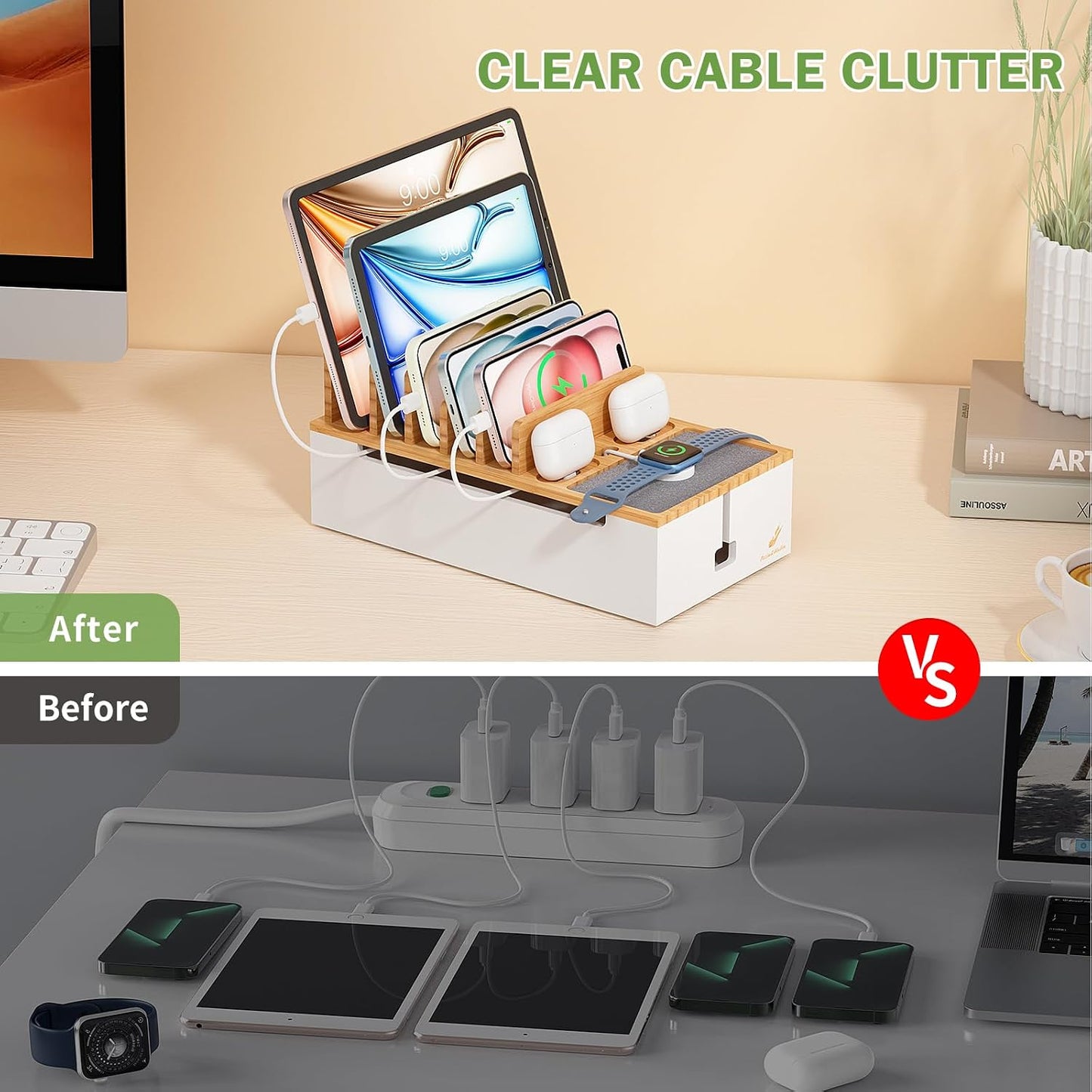 Pezin Hulin Multi Devices Charging Station - Natural +White | with USB Power Adapter, and 6 Wire Cables - Cord Organizer Management, Cell Phone Charger Dock Stand, Desktop Cord Hider Box
