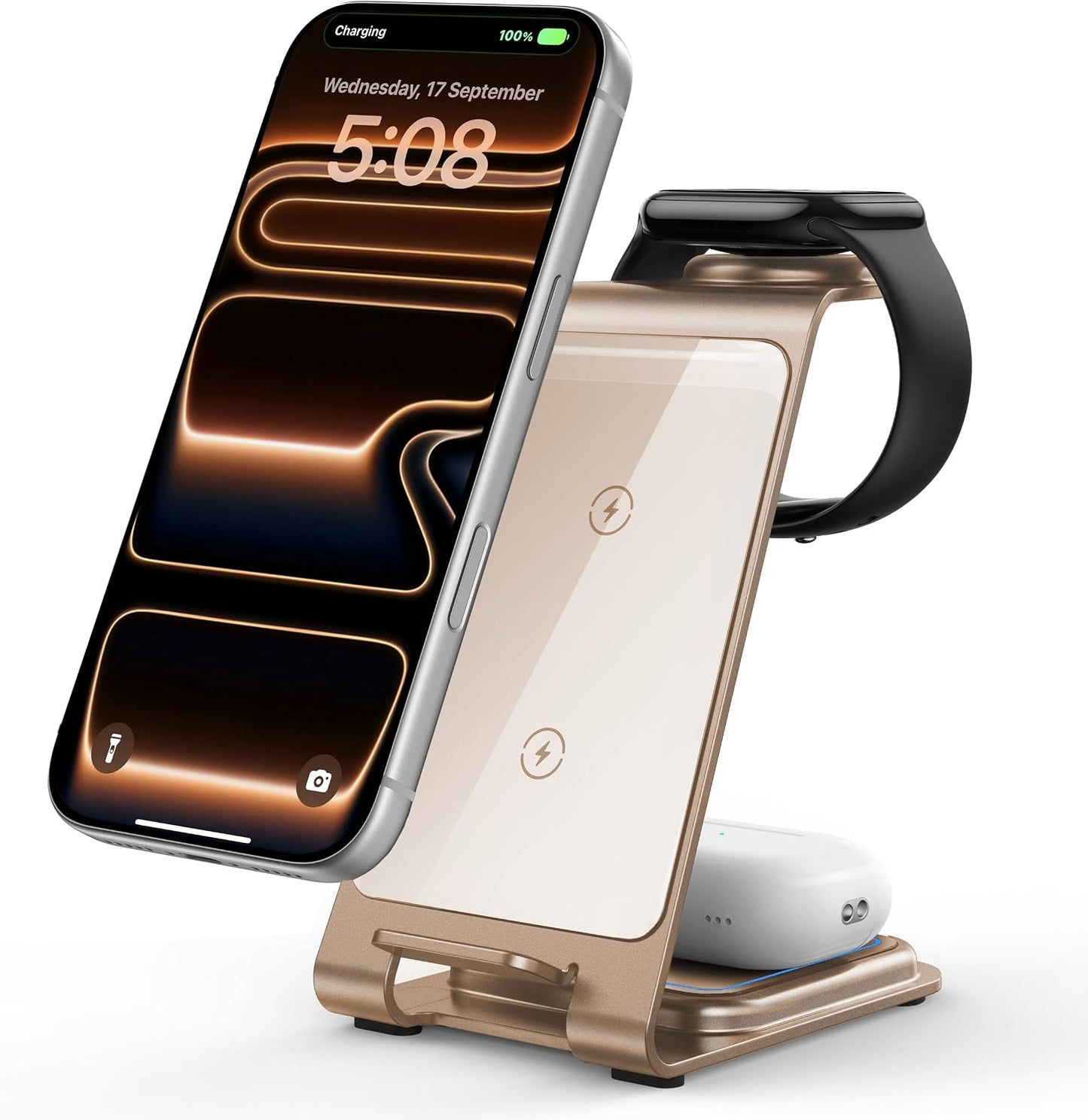 Intoval Aluminum 3 in 1 Wireless Charging Station for iPhone 17 16 15 14 13 12 11 Pro Max XR, Wireless Charger for Apple Watch 11 10 9 8 7 Ultra SE 3 2, Phone Charger for AirPods 4 Pro 2 3 (Desert)