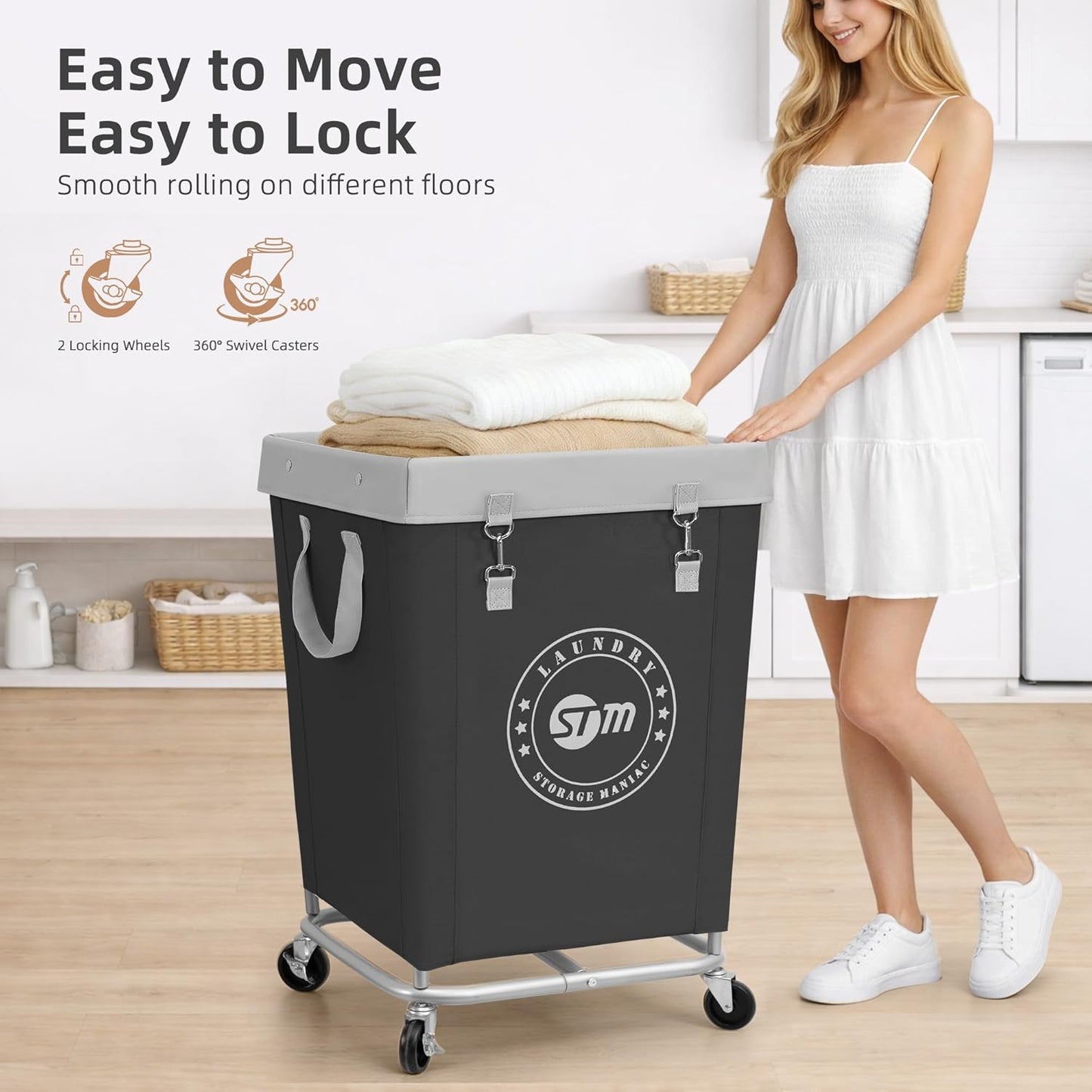 STORAGE MANIAC Commercial Laundry Hamper with Heavy Duty Steel Frame, 160 L Industrial Laundry Basket Cart with Wheels for Hotel, Home, Laundry Room, 17.72''L x 17.72''W x 30.91''H, Medium Black