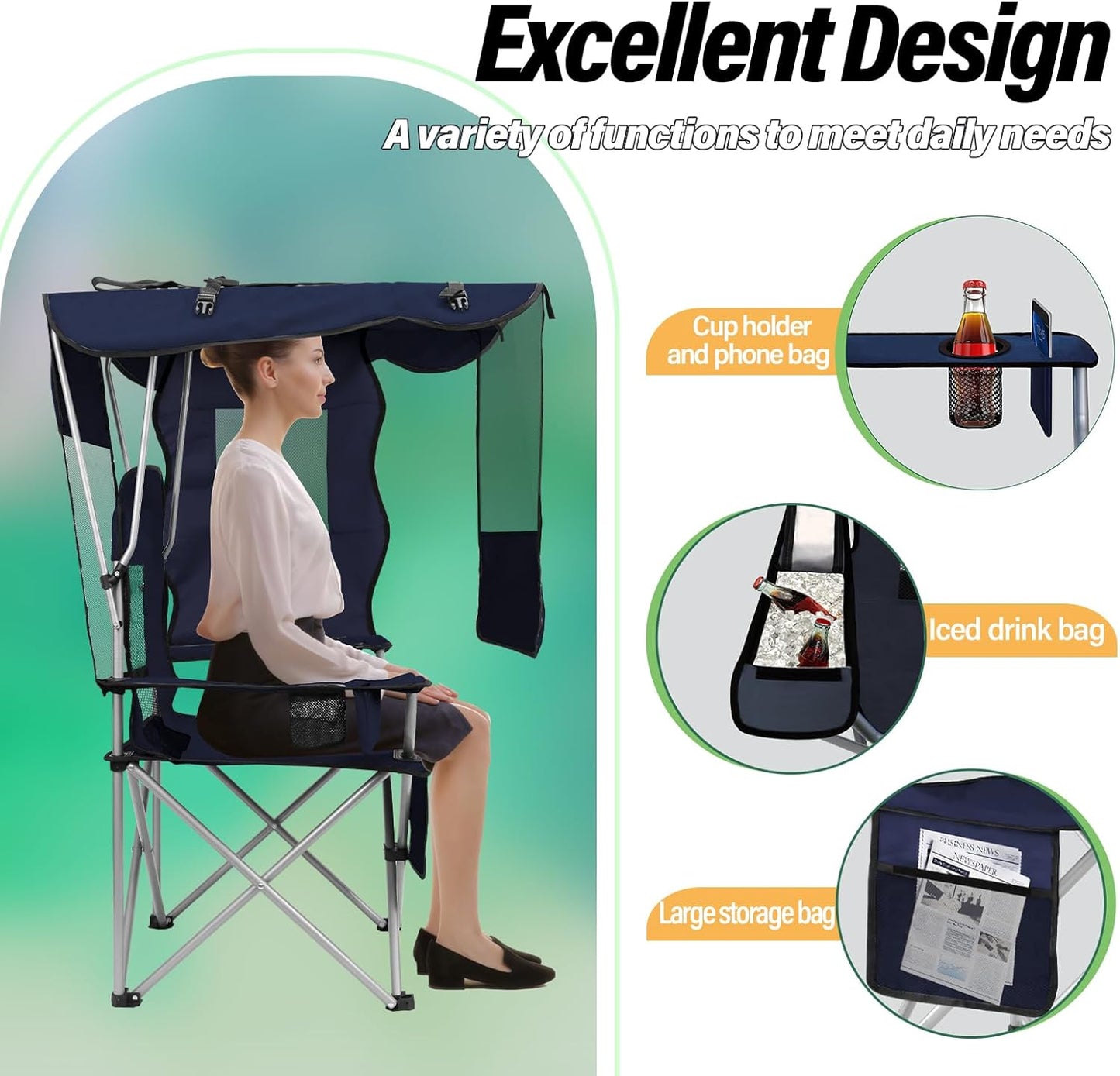 BDL Camping Chair with Canopy Shade Portable Folding Beach Chairs with Cooler, Mesh Backrest, Cup Holder, and Pocket for Camping, Fishing, Beach, and Sports,Blue
