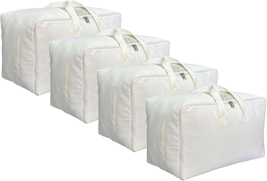 DoYiKe Soft Large Canvas Comforter Storage Bags with Four Carrying Handles and Clear Window, Closet Organizer for Clothing, Blankets Sheets Pillows and Bedding, 80L, 4 Pack, White