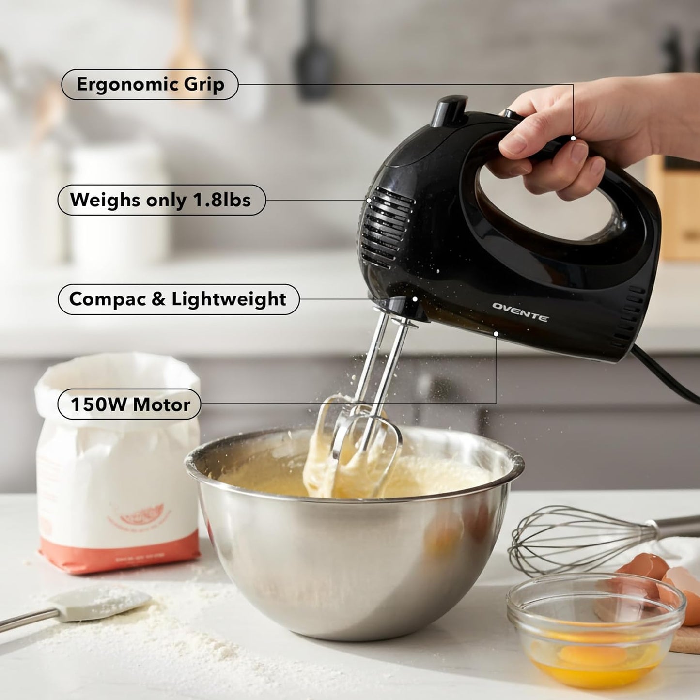 OVENTE 5-Speed Corded Electric Hand Mixer with Stainless Steel Whisks, Compact Portable Design with Snap-On Storage Case,150W Lightweight Handheld Mixer for Baking & Cooking, Black HM151B