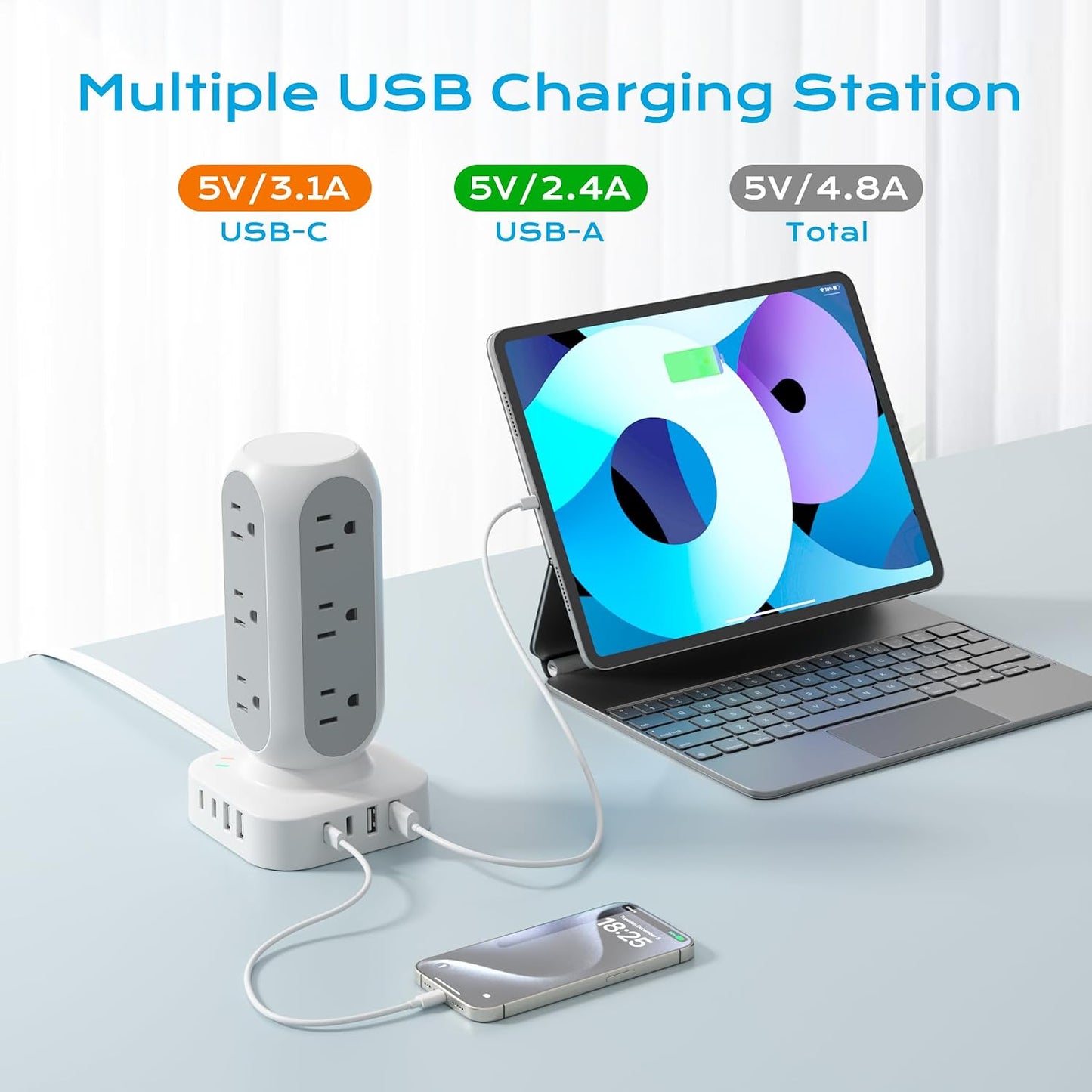 TenTrend Power Strip Tower, Flat Plug Charging Tower, 5 FT Extension Cord | 12 AC Outlets & 8 USB Ports (4USB-C), Charging Station for Home, Office, Dorm Room