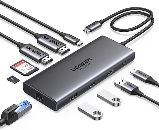 UGREEN Docking Station 10 in 1 Revodok Pro 210 USB C Dock Dual HDMI 4K@60Hz Single 8K@30Hz 100W PD 5Gbps USB C and USB A Data Ports Gigabit Ethernet, SD/TF Card Reader USB Hub Compatible for HP, Dell