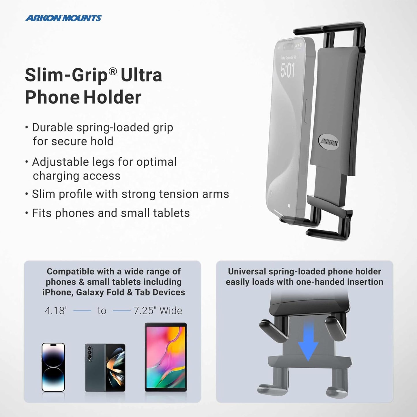 ARKON Mounts Slim-Grip Ultra Phone Holder Fits All Phones & Small to Midsize Tablets Fits Pedestals with Dual-T Patterns For iPad, iPhone, Samsung, Google, Nokia, & more
