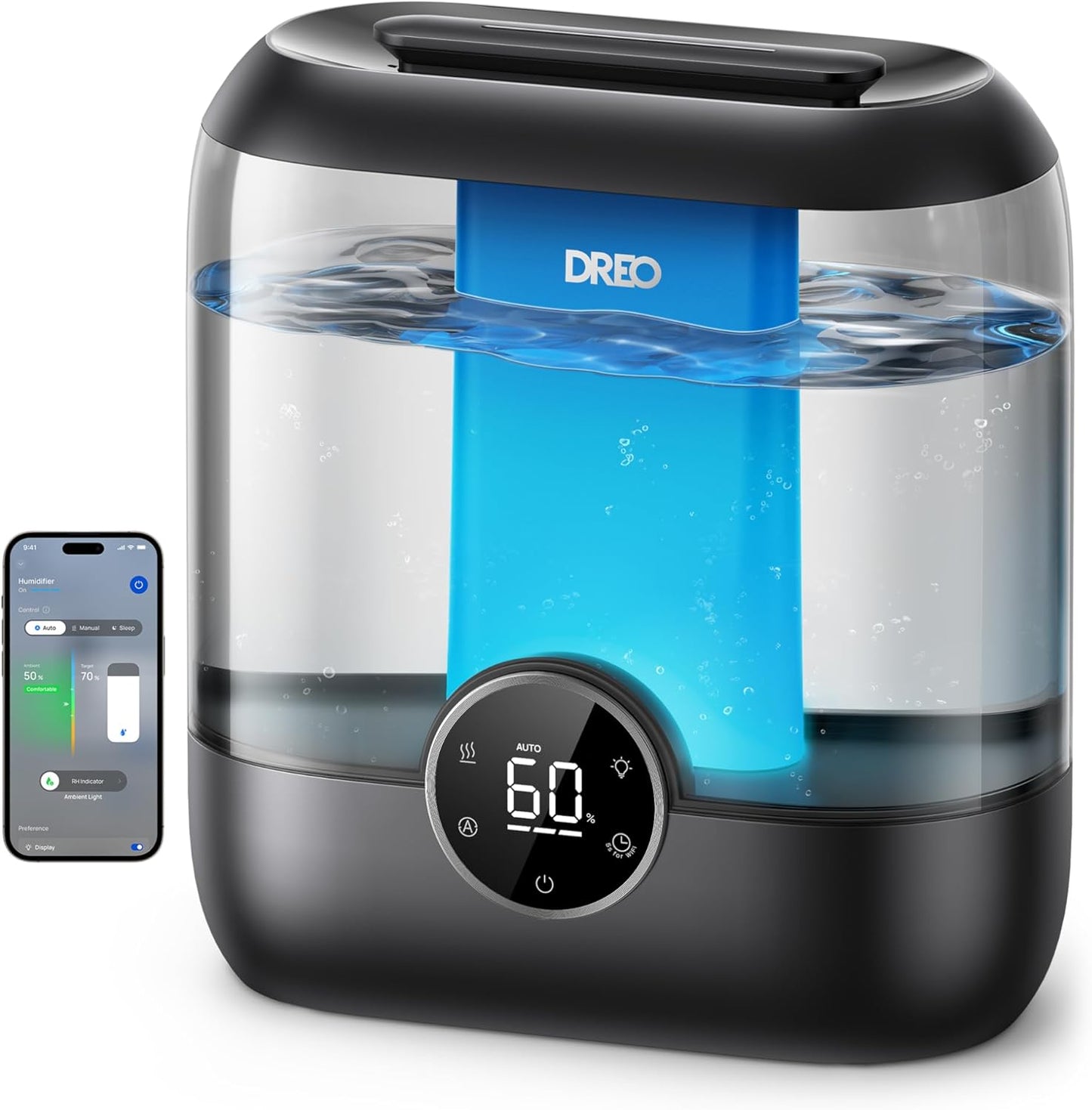 DREO Smart Humidifiers for Bedroom, 6L Top Fill Supersized Cool Mist Humidifier for Large Room, 60 Hour Runtime, Quiet Ultrasonic Humidifier for Plants, Indoor, Home, Night Light, Black