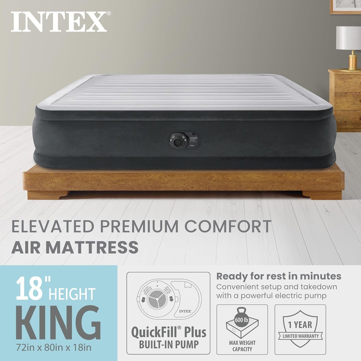 INTEX King Size Air Mattress, 18in Height Airbed with Built-in Pump, Dura-Beam Elevated Premium Comfort - Portable Inflatable Bed for Camping & Travel
