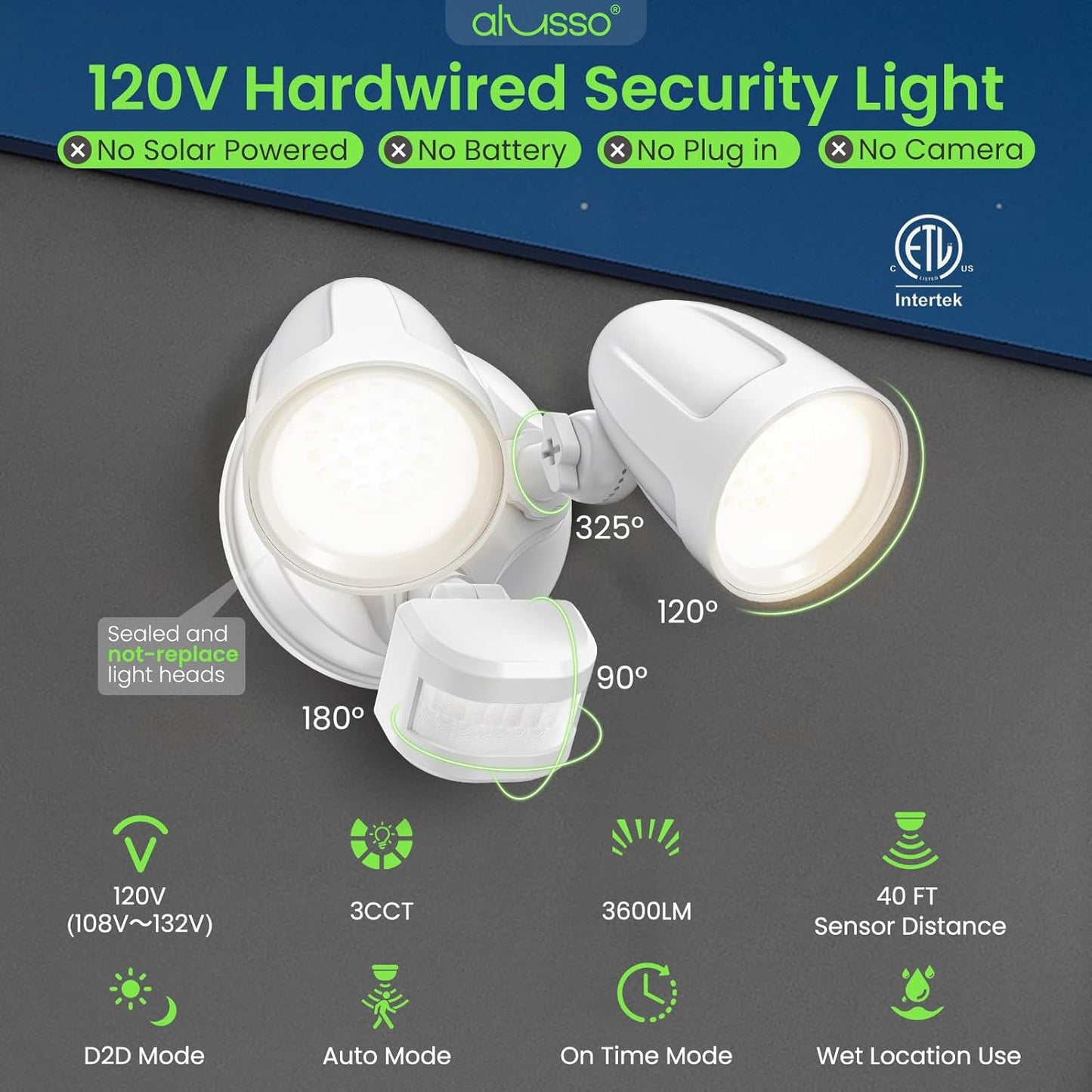 ALUSSO Motion Sensor Outdoor Lights Metal Heads, 30W 3600LM Flood Lights Outdoor 120V, 3 Modes Dusk to Dawn/Auto/On Time, 3000K 4000K 6500K Adjustable, Hardwired Security Light ETL Listed, White 1PC