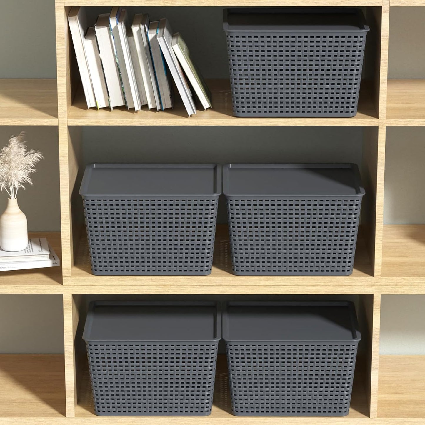 Anbers 6 Pack Plastic Weave Storage Basket with Lid, Dark Grey