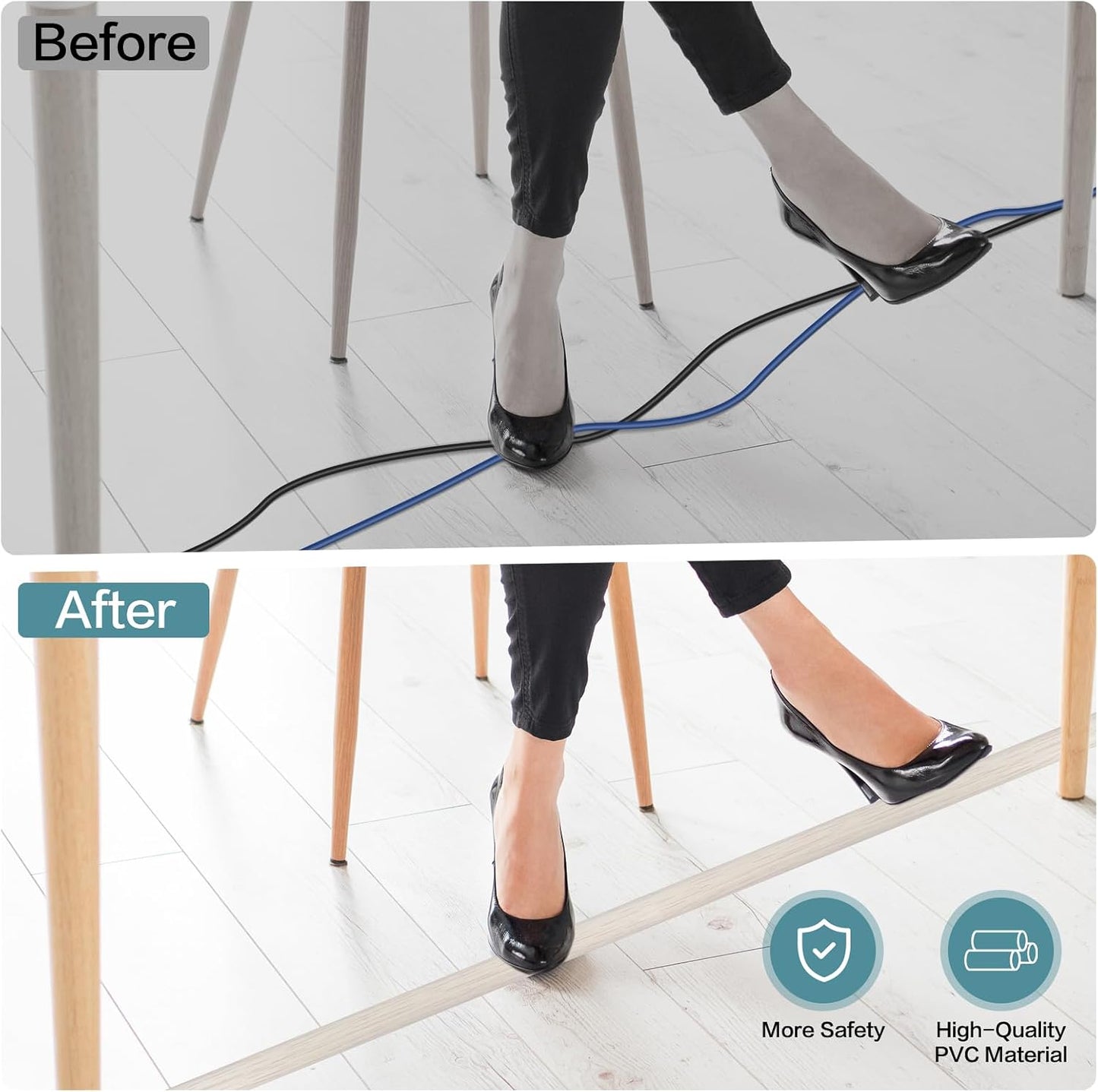 LSGCQ Floor Cord Cover Self Adhesive Cord Hider Floor Cable Management | Cord Covers for Wires on Floor Cable Cover, Prevent Cable Trips, Cable Cavity 0.47" W x 0.27" H, 20Ft, Beige Wood