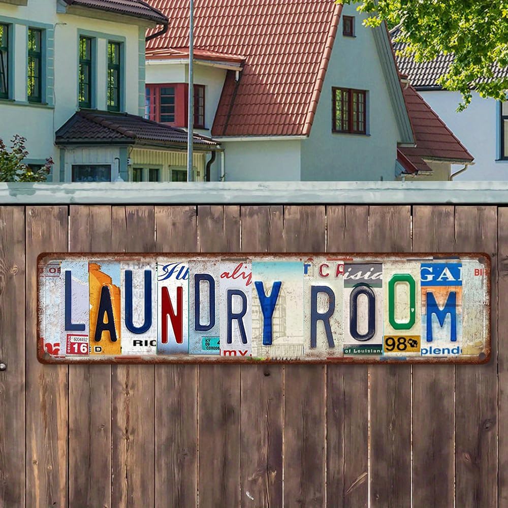 Vintage License Plate LAUNDRY ROOM Sign – 16x4 Inch Rustic Tin Wall Décor for Laundry Area, Utility Room, Farmhouse, Mudroom or Home Washroom