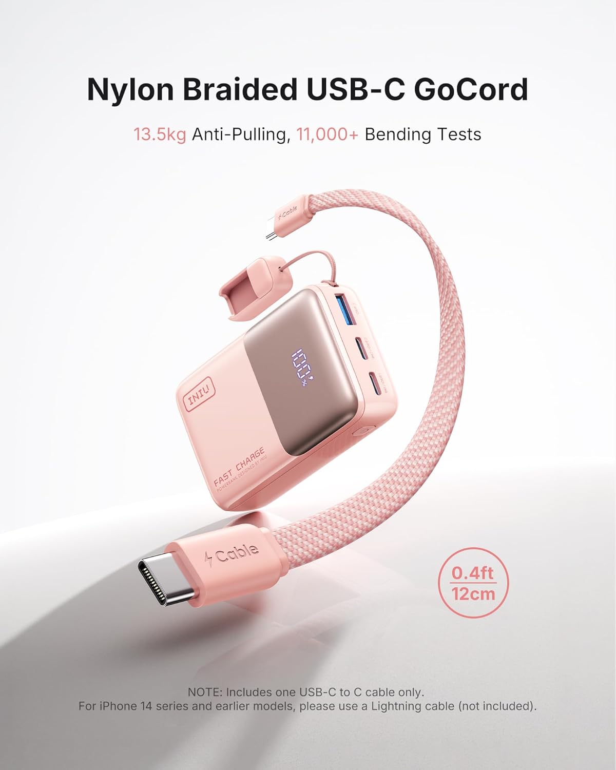 INIU Portable Charger, Ultra Mini 10000mAh 45W Fast Charging Power Bank, USB C Battery Pack with Cable, Flight-Safe Travel Powerbank for Women Girls Cute Nano Compact Sleek, Light Pink