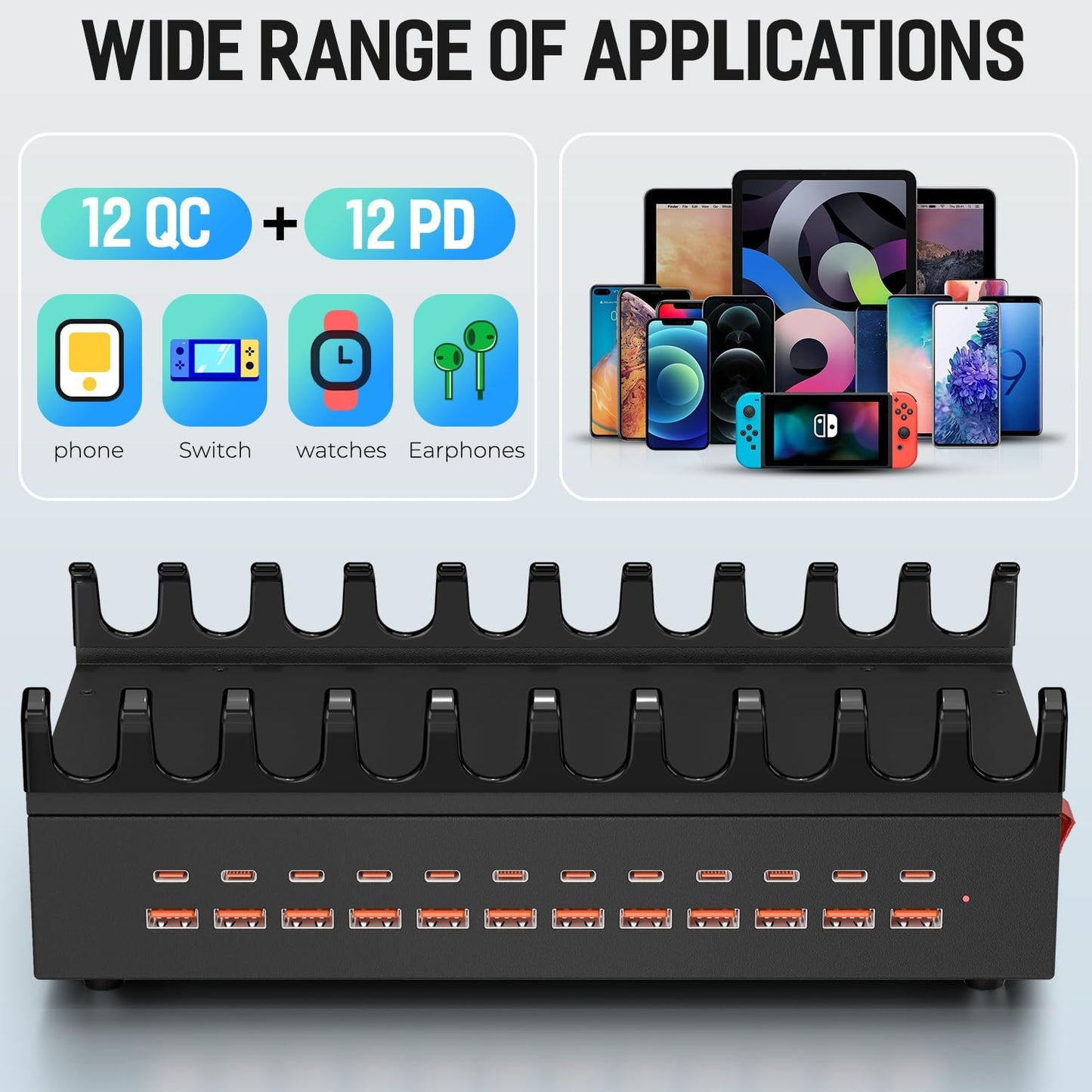 300W Charging Station for Multiple Devices, 24 Ports USB Fast Charging Station, Charger Station Organizer Compatible with Kindle, Phone, Tablet, iPad, Charger Station for Home, Office, School