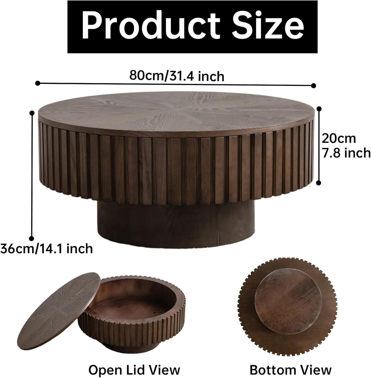 31" Brown Round Wood Fluted Drum Coffee Table with Storage (H, 1PC)