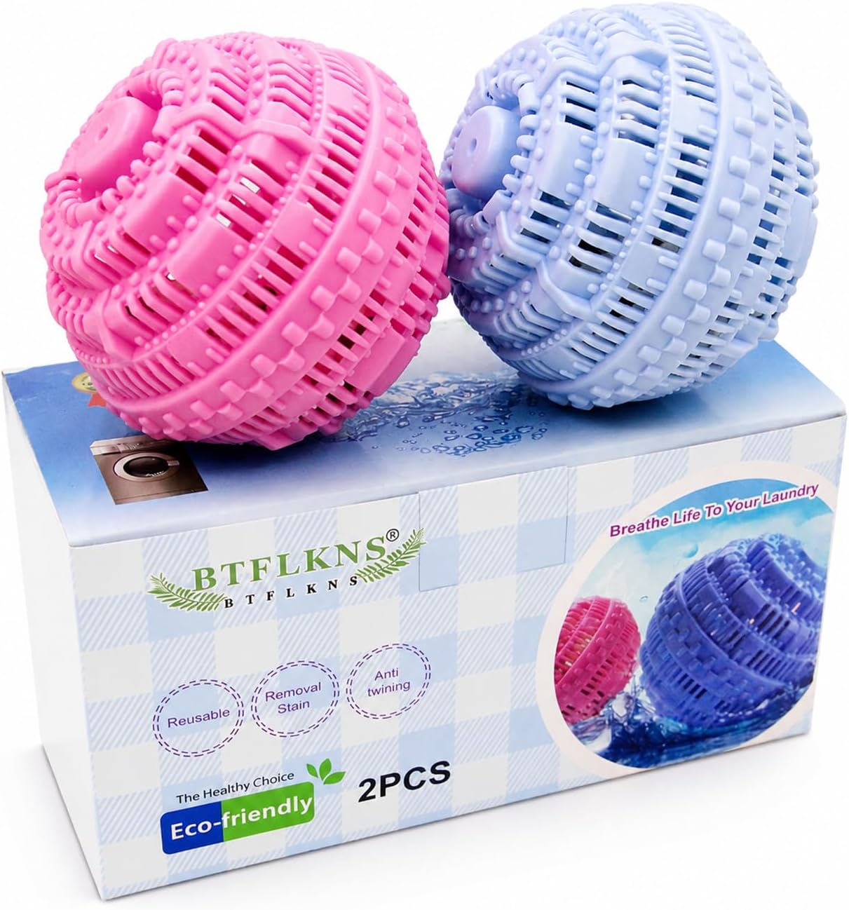 Laundry Balls Set, Eco-Friendly Super Washing Machine Laundry Ball, All Natural Washer Ball Laundry Detergent Alternative, Household Can Be Reused 2000 Washings(2pcs Balls, Pink,Blue)
