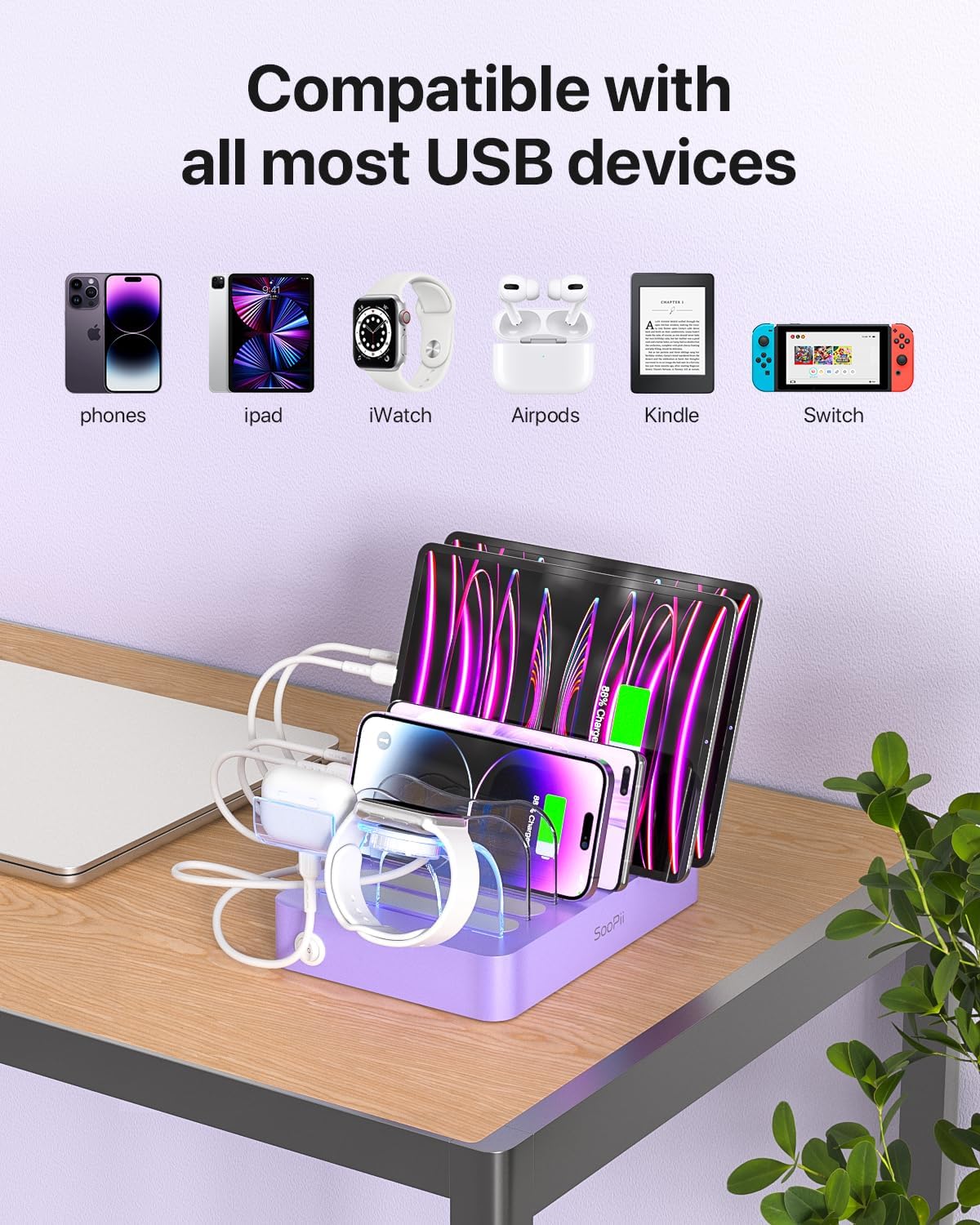 SooPii Premium 6-Port USB Charging Station Organizer for Multiple Devices | Included 6 Short Charging Cables and One Upgraded i-Watch Charger Holder for Phones,Tablets and Other Electronics, Purple