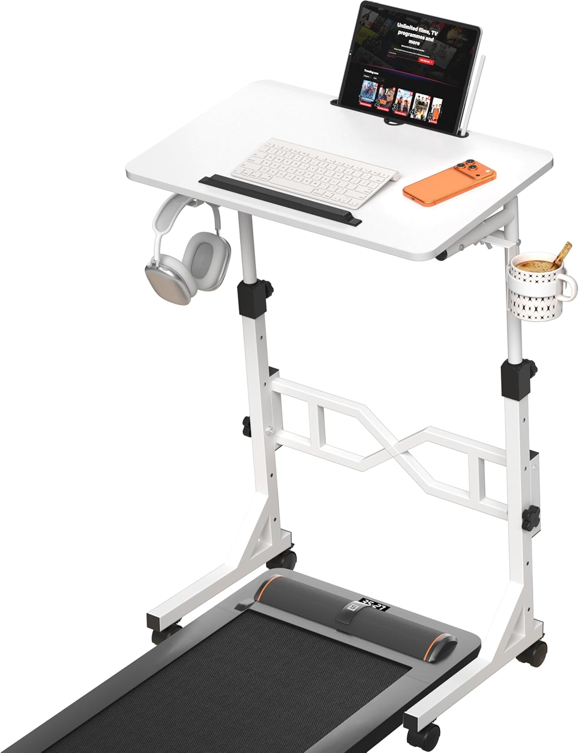 Oransail Small Standing Desk with Wheels, 29.5-45.3 Inch Adjustable Height, Portable Treadmill Desk, Rolling Computer Table for Walking Pad with a Cup Holder and a Hook