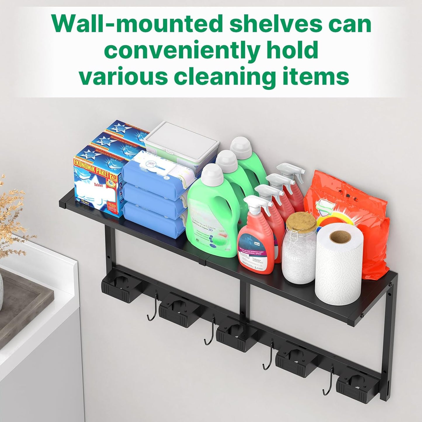 CCCEI Broom and Mop Wall Mount with Shelf, Laundry Room Cleaning Tools Organization Hanging Rack with Hooks, Bathroom, Garage, Garden Organizers and Storage. All Metal, Black, 2 Pack.