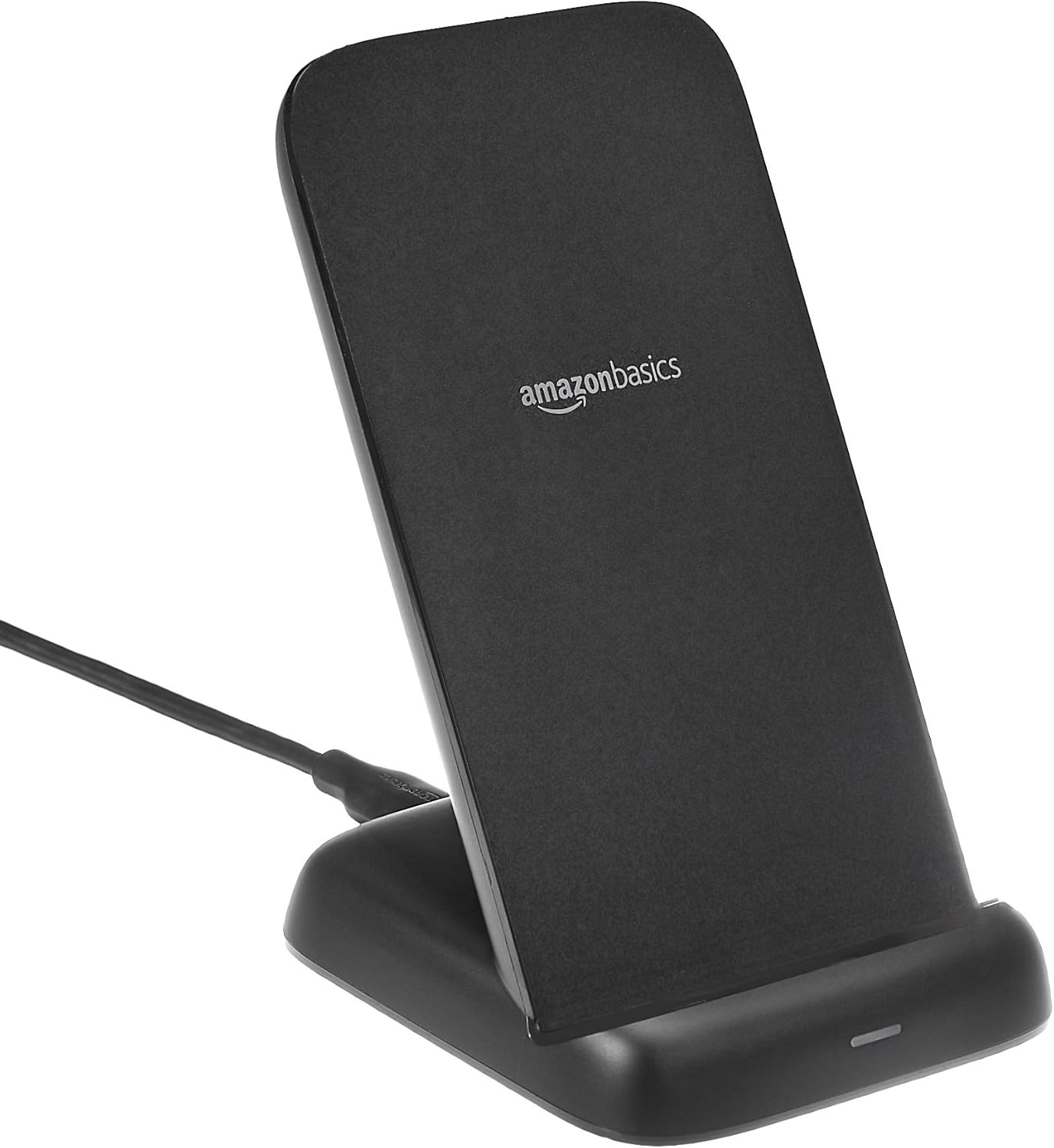 Amazon Basics Wireless Phone Charger Stand, 10W Qi Certified with USB Cable, Compatible with iPhone 16/15/14/13/12/11/X, Samsung & More, with USB Cable, Black (No AC Adapter)