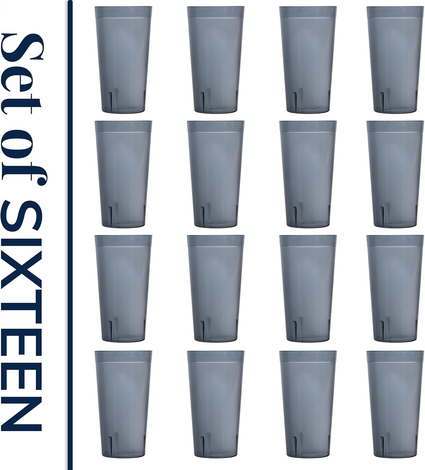 US Acrylic Cafe Plastic Reusable Tumblers (Set of 16) 20-ounce Water Cups in Grey | Value Set of Restaurant Style Drinking Glasses, Stackable, BPA-free, Made in the USA | Top-rack Dishwasher Safe