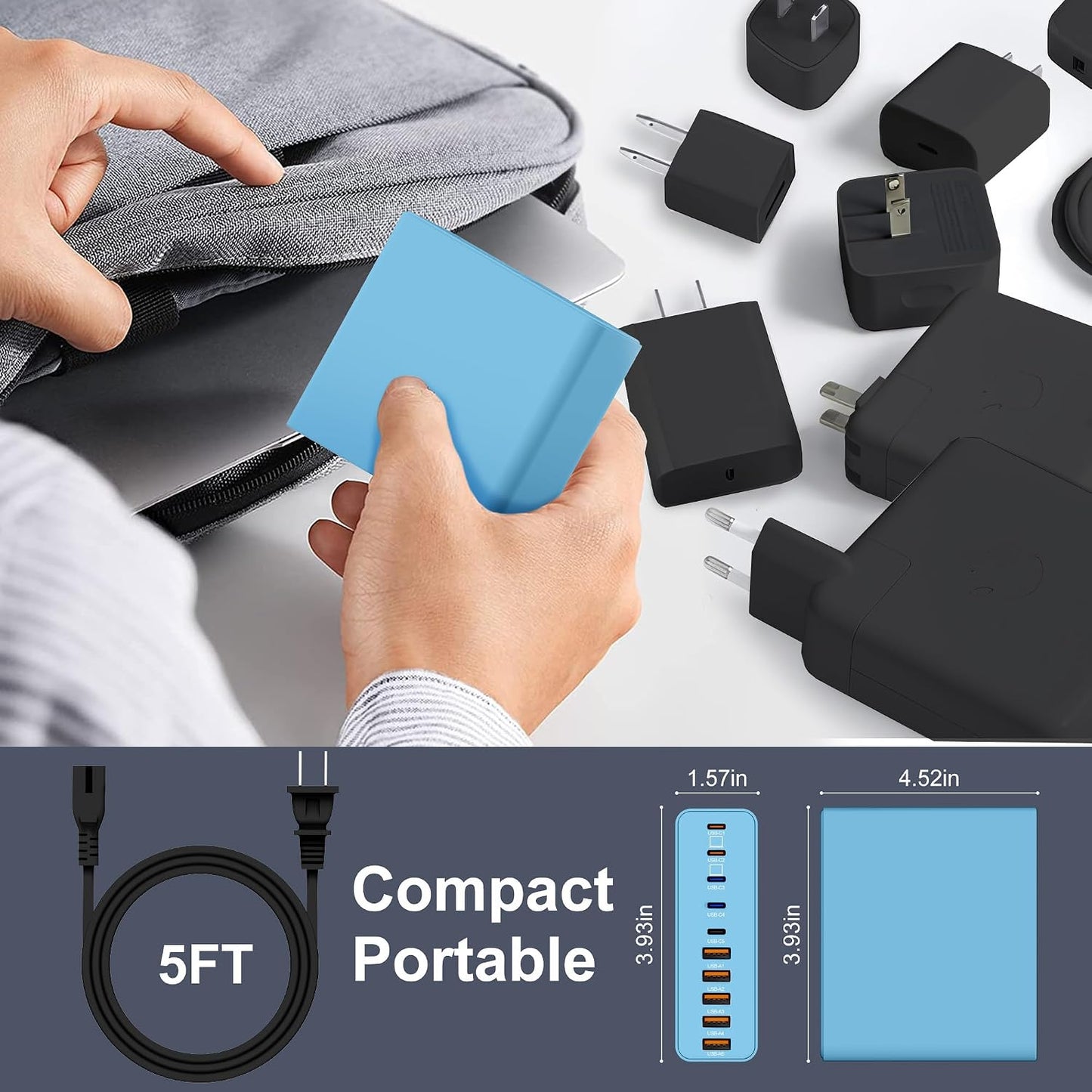 800W USB C Charger Block,10-Port Charging Station | Aexhend GaN Fast Charging Type C & USB A Wall Charger Adapter for MacBook Pro/Air,iPhone,iPad,Dell XPS,Samsung Galaxy(Blue)