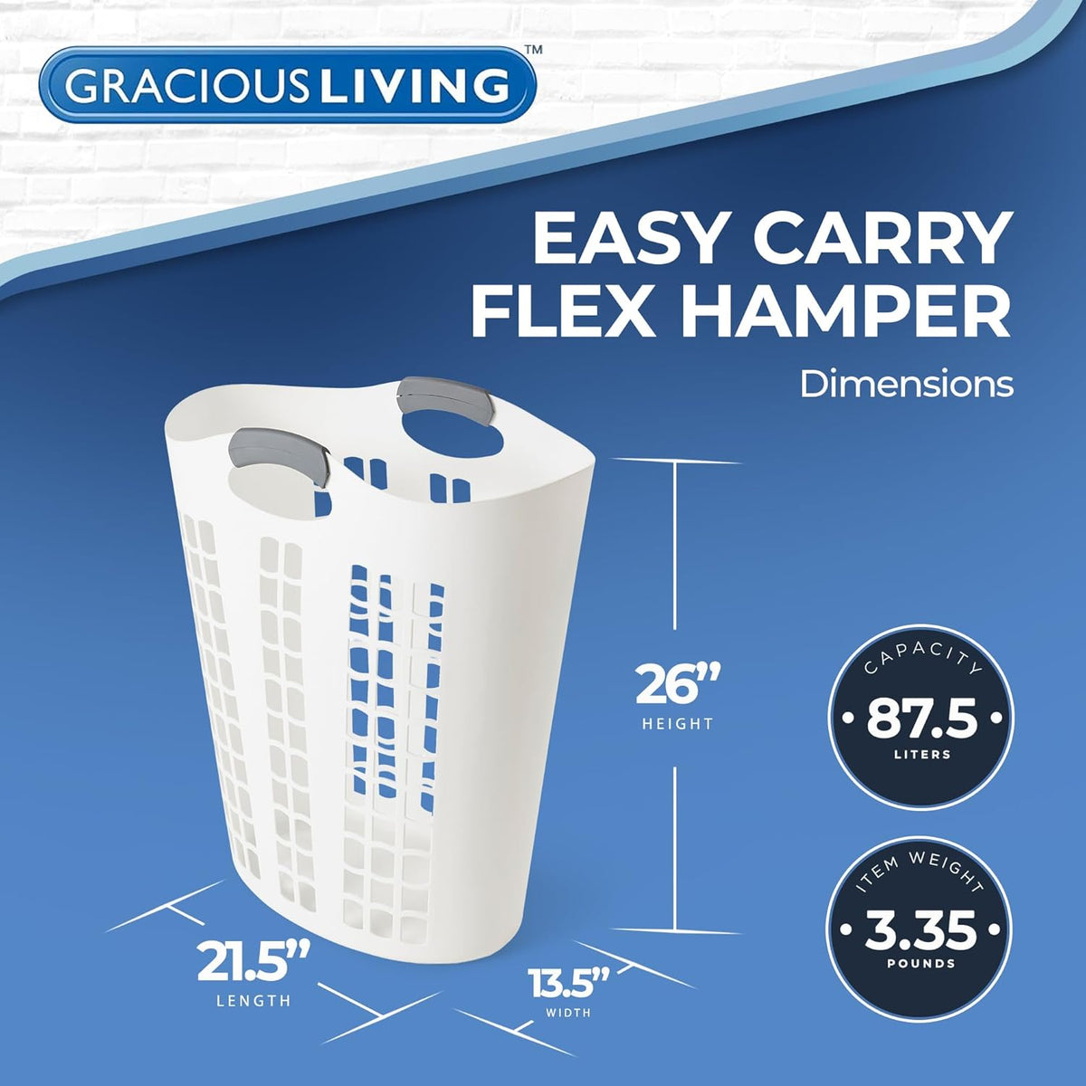 Gracious Living Laundry Basket, Easy Carry Flex Collapsible Hamper, 87.5L | Large Plastic Clothes Storage Organizer for Home, Bathroom, and Bedroom, White