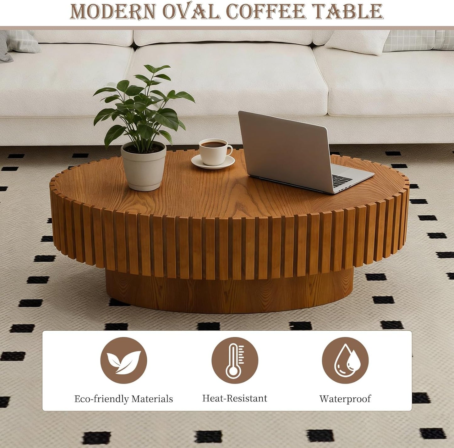 Oval Fluted Coffee Tables 43.3" (Oval Wood) | Modern Wood Accent Table, Contemporary Drum Center Table, Sturdy Pedestal, Mid Century Style, For Living Room Apartment