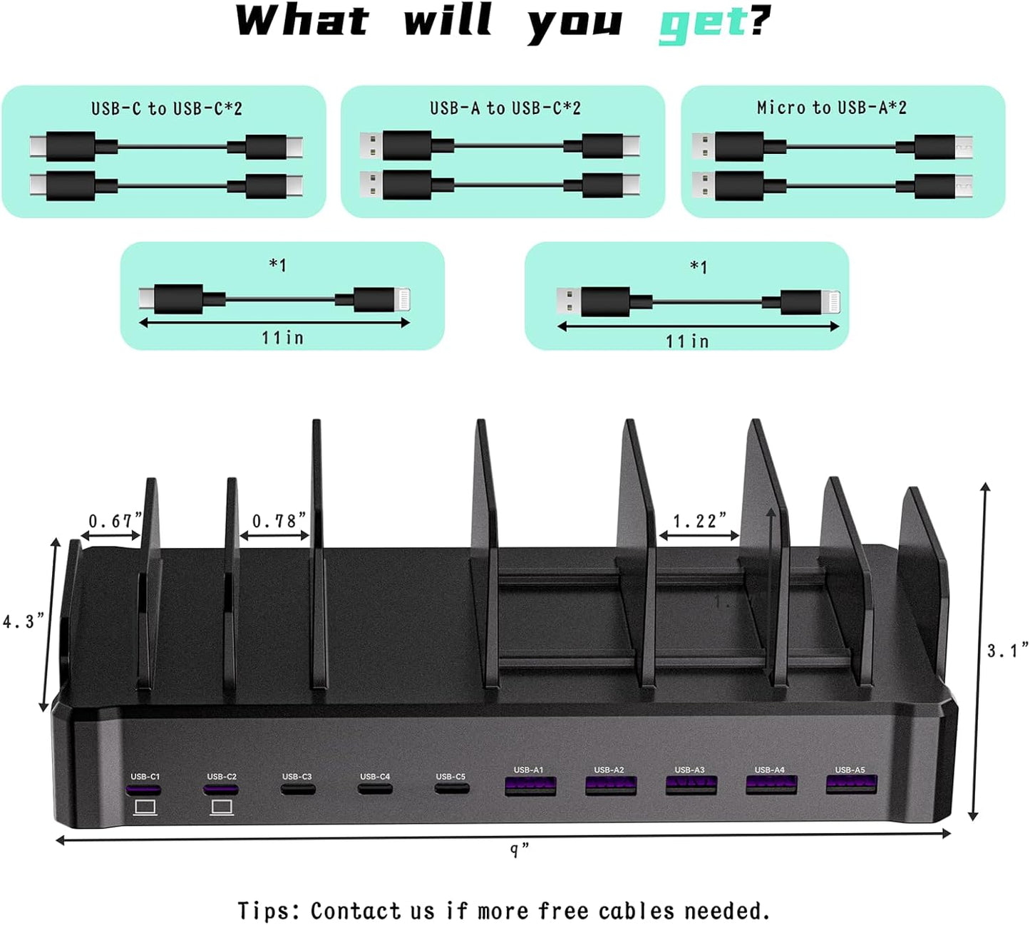 420W Charging Station for Multiple Devices, Zobirez 10-Port USB C Fast Charger Stations for MacBook, iPhone, Android Cell Phone, iPad, Tablet, Family Multi-Device Organizer Charging Dock, Black