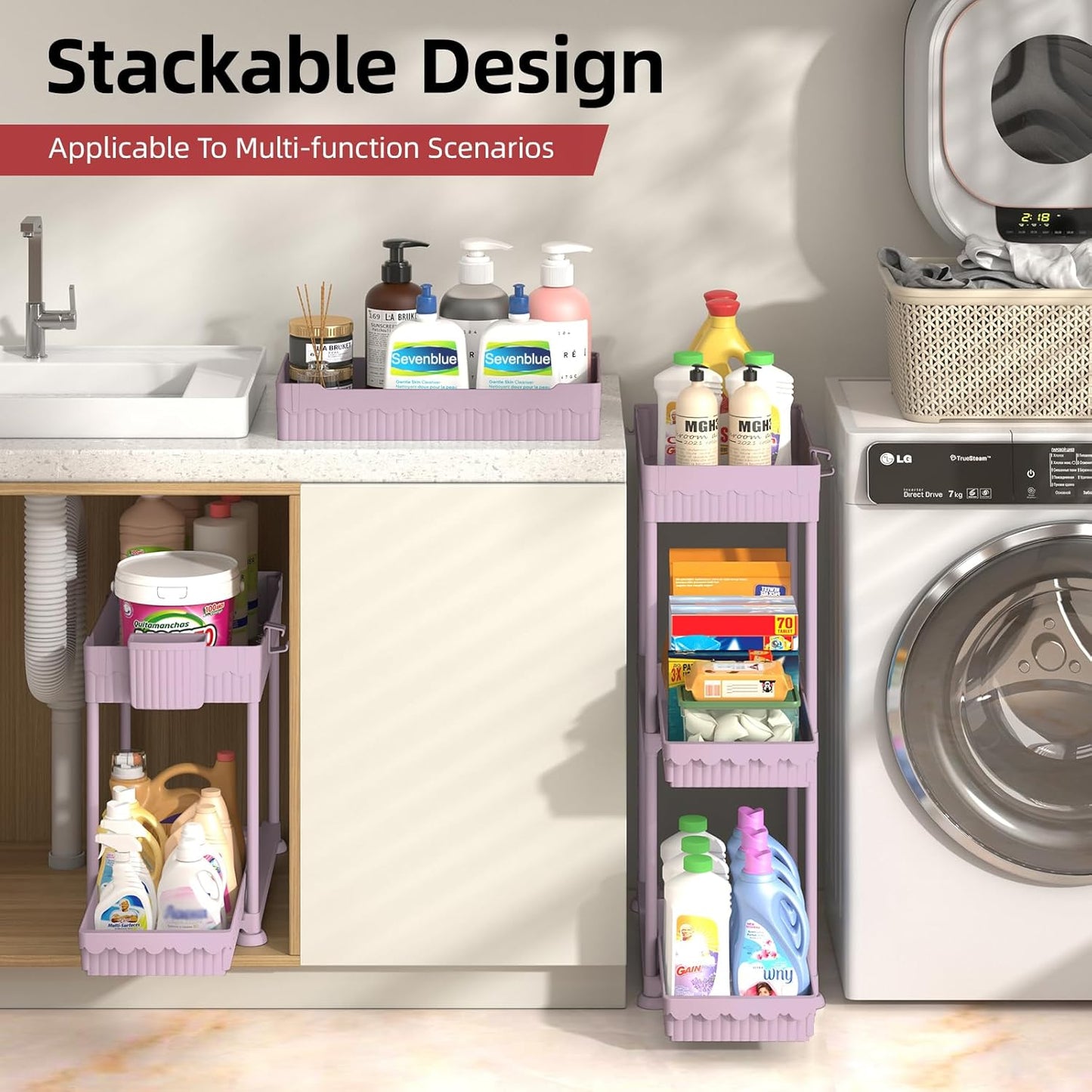 Sevenblue Under Sink Organizer, Bathroom Organizers and Storage, 2 Tier Multi-Use Pull Out Cabinet Organizer with Hang Hooks and Cups (Pink, 4 Pack)