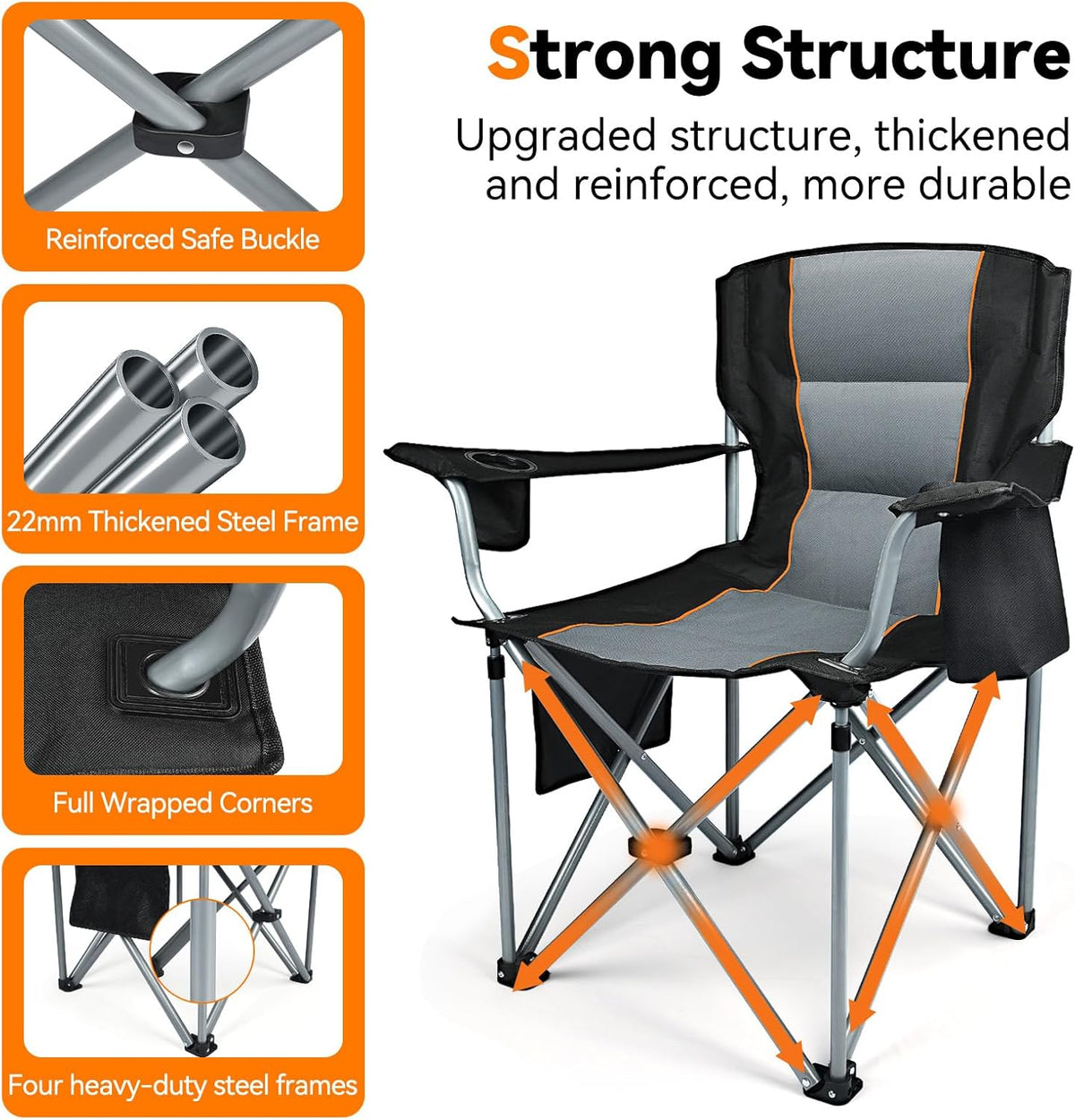 Camping Chairs, 2 Pack Oversized Heavy Duty Fully Padded Outdoor Folding Chairs with Cup Holder, Cooler Bag and Side Pocket, Support 400 LBS, Carry Bag Included, Versatile for Sports,Outdoors & Lawns