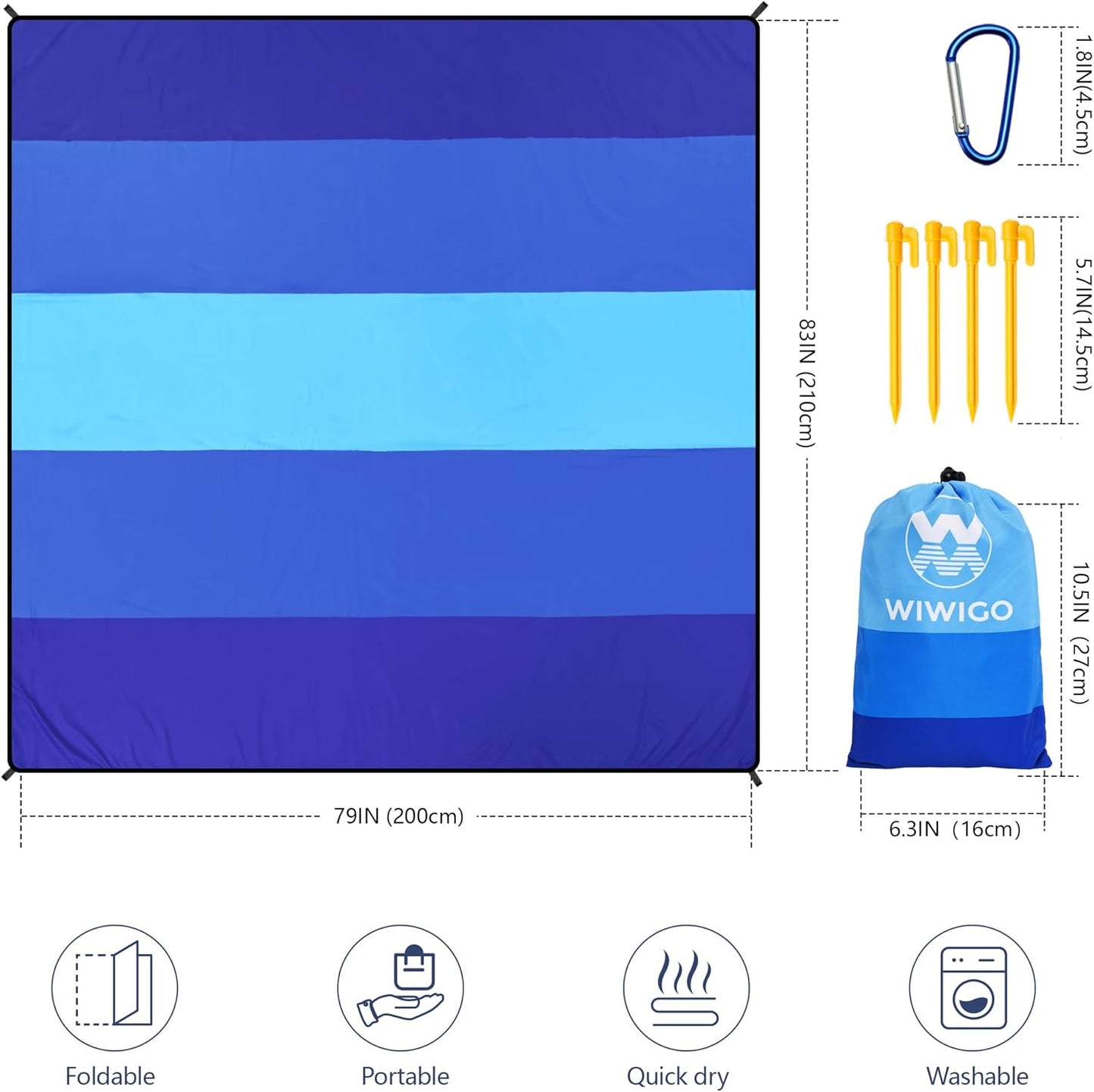 WIWIGO Beach Blanket Waterproof Sandproof Beach Mat 79" X 83"/10'x9'for 2-8 Adults Quick Drying Outdoor Picnic Mat Beach Accessories for Travel, Camping, Hiking