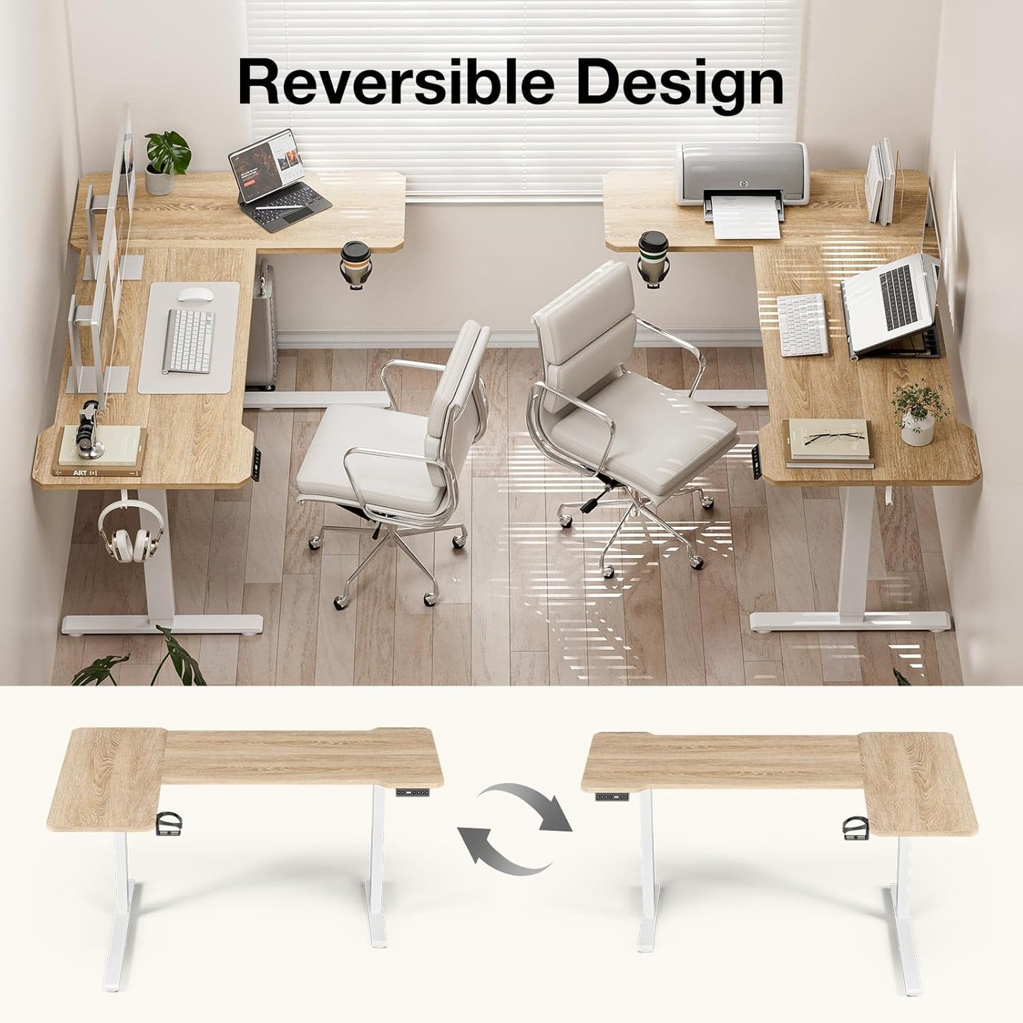 Acrolix L Shaped Electric Standing Desk - 59x40 Inch Reversible Corner Sit Stand Desk with Hook&Cup Holder,Electric Height Adjustable Table,for Home Office Gaming Computer Desk, Oak