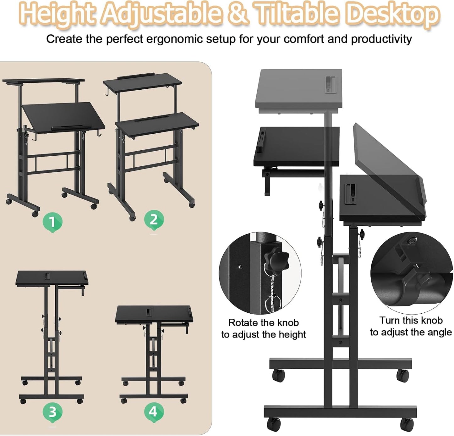 Klvied Height Adjustable Mobile Standing Desk, Tiltable Laptop Desk with Cup Holder & Hook, Portable Rolling Desk with Lockable Casters, Home Office Workstation for Standing/Sitting, Black
